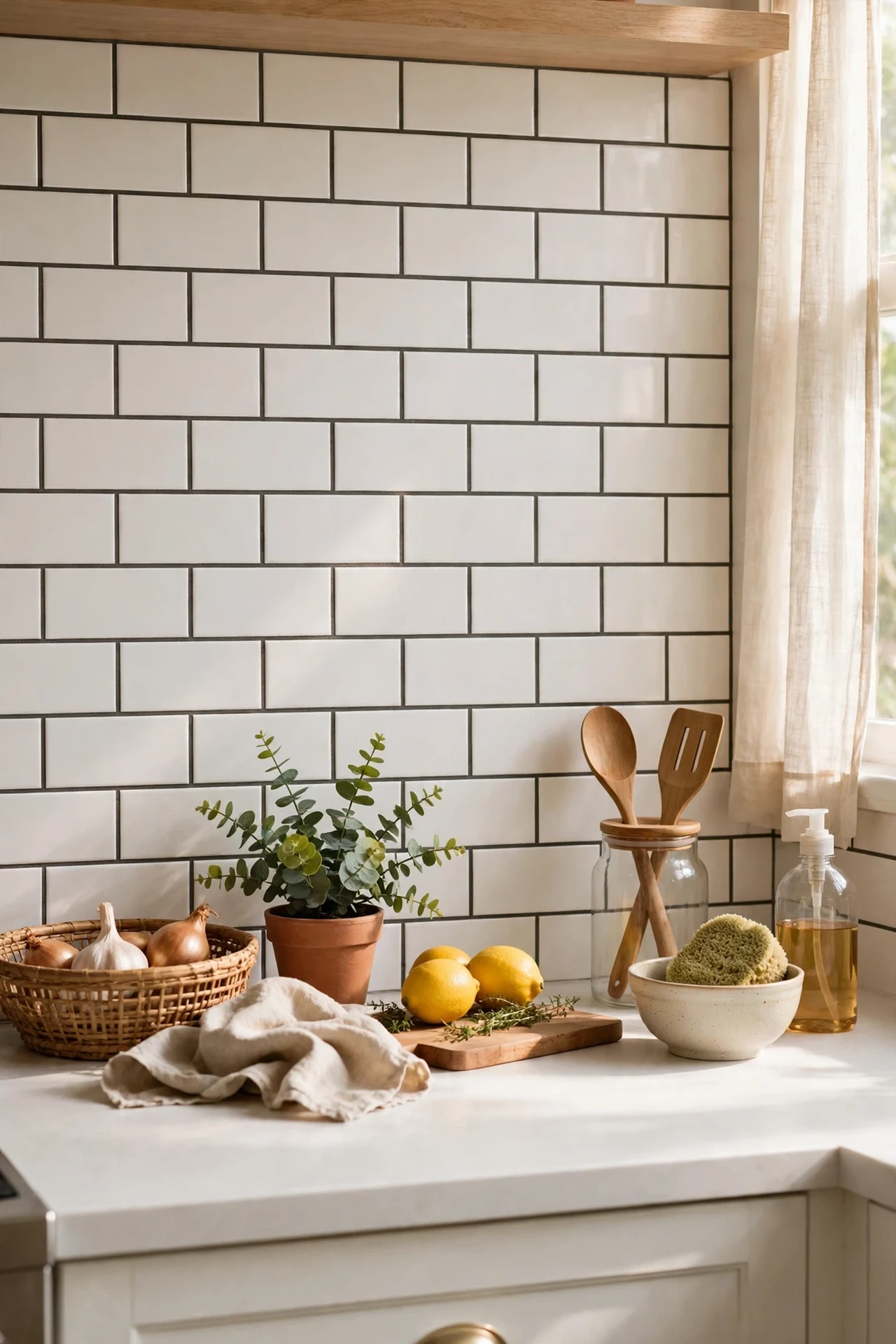 white subway tile backsplash with charcoal grey grout behind a white kitchen counter, black and whit