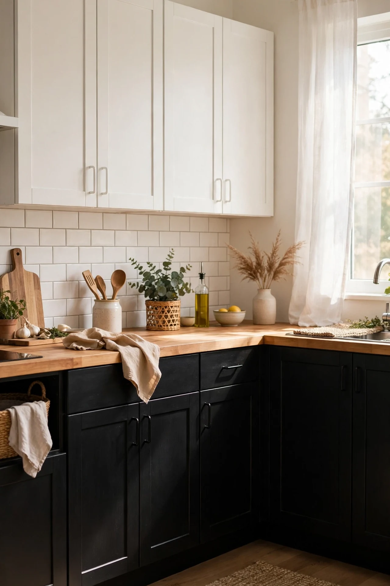 black painted lower kitchen cabinets with white upper cabinets in satin finish, black and white kitc
