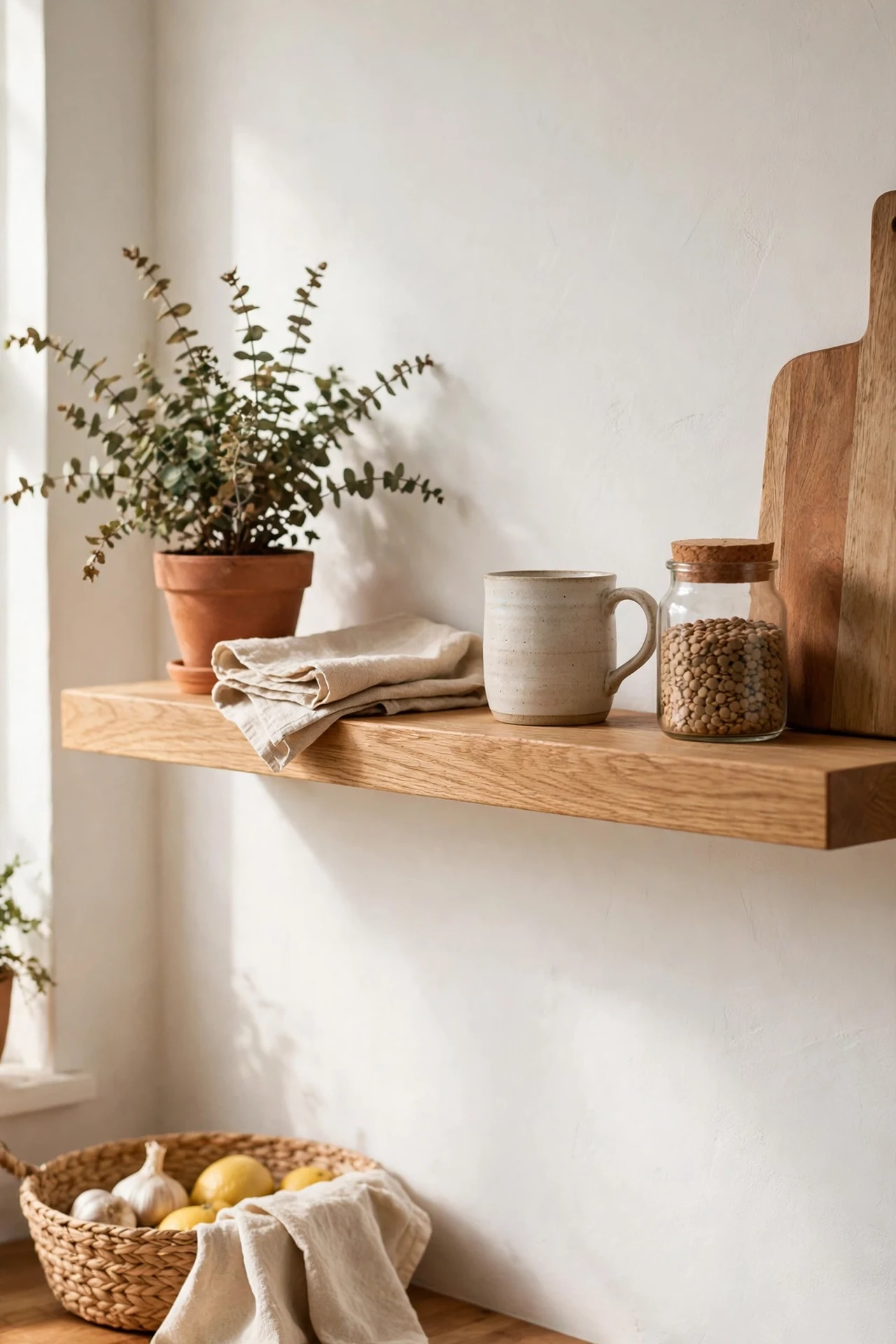 oak floating shelf mounted on a white kitchen wall with warm wood tones, black and white kitchen