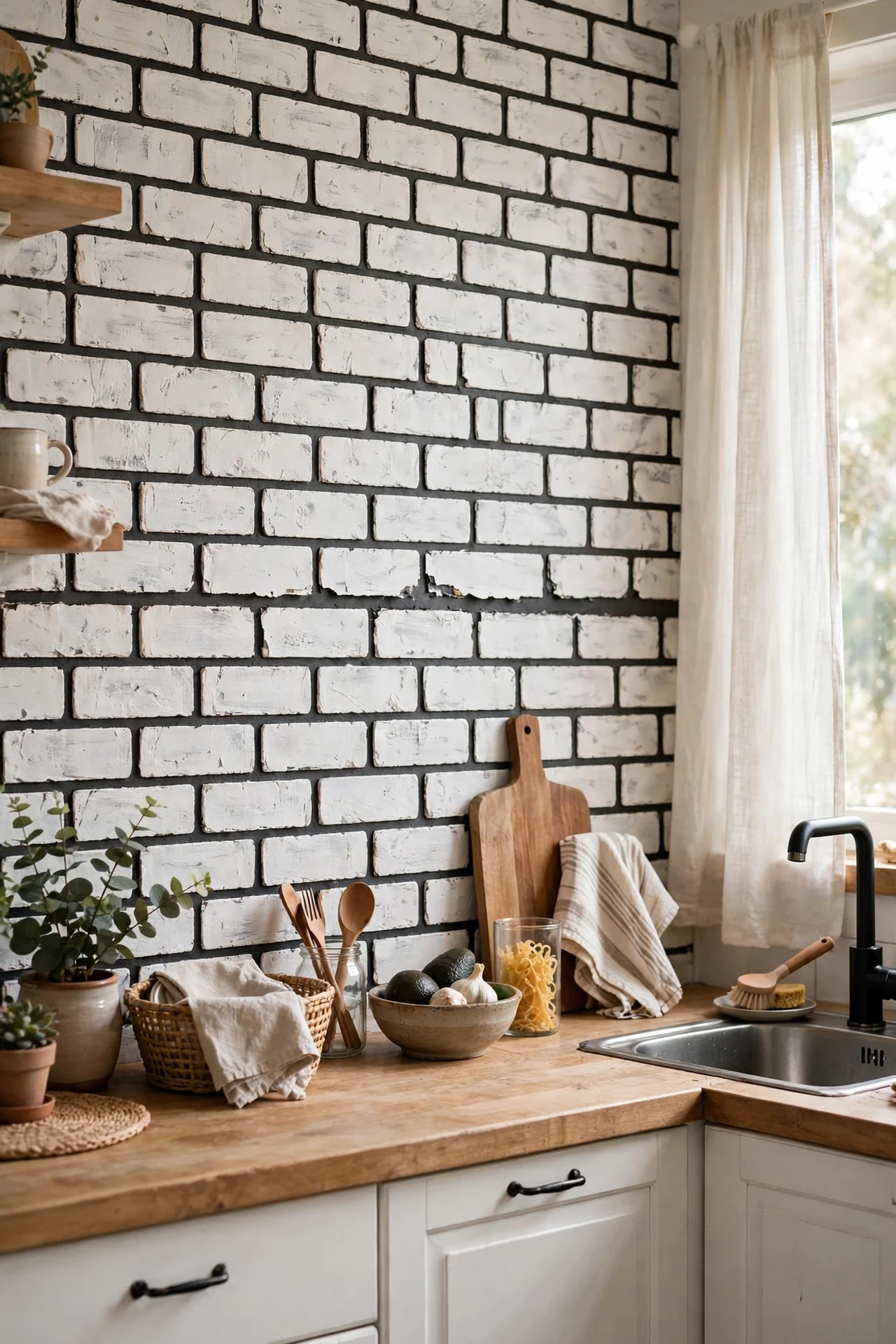 whitewashed faux brick peel-and-stick panels with dark grout lines in a kitchen, black and white kit