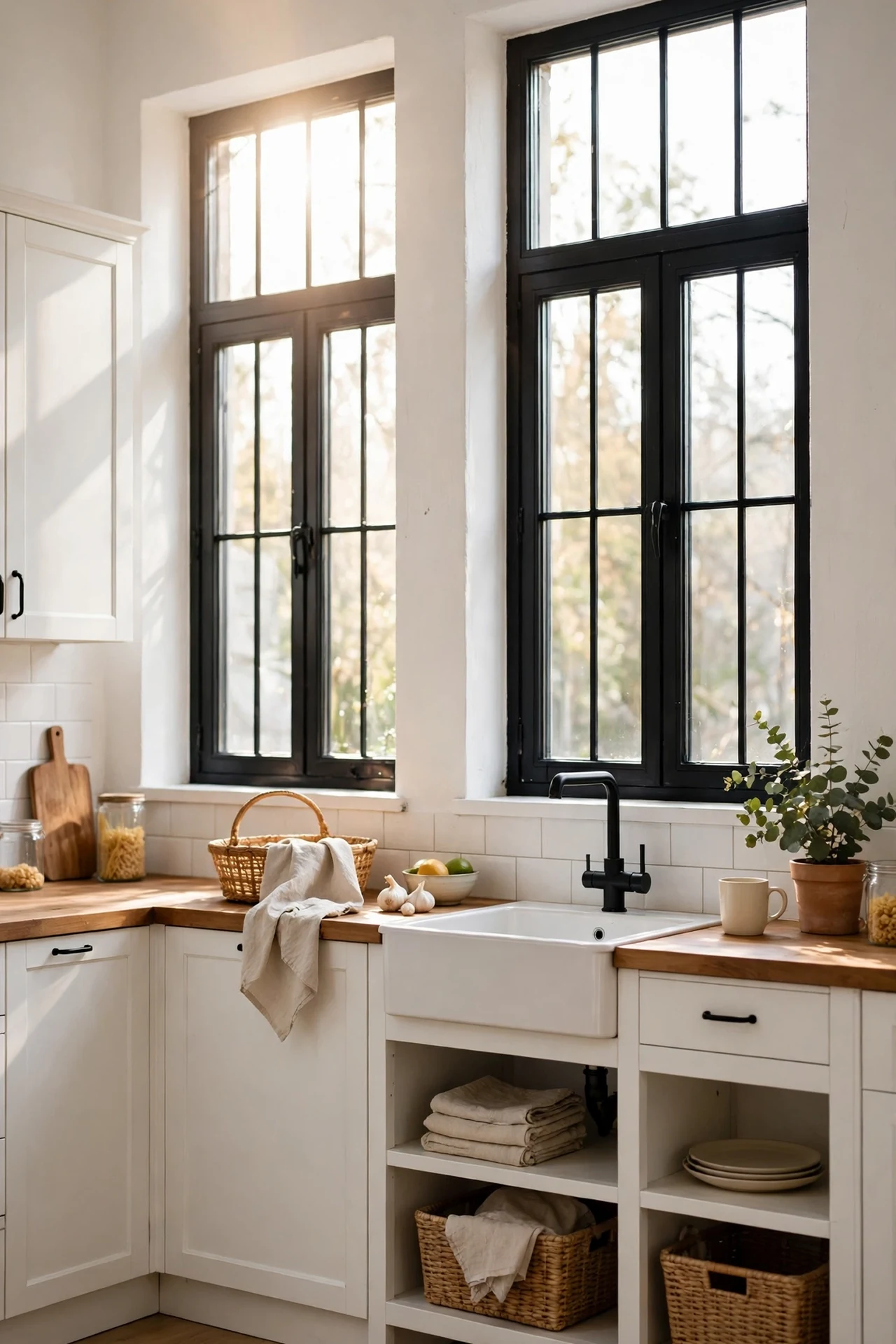 interior window frames painted black with daylight streaming into a white kitchen, black and white k
