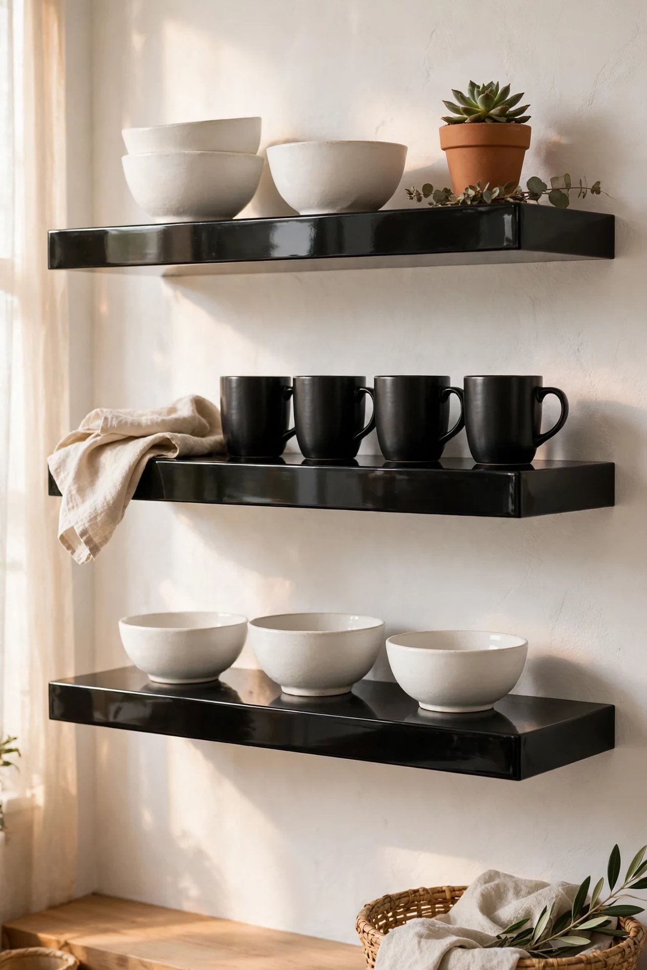 gloss black floating shelves on a white wall holding white bowls and black mugs, black and white kit