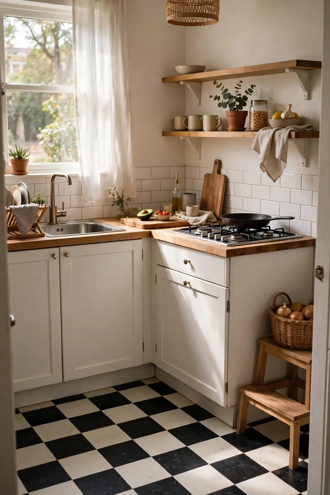 black and white checkerboard vinyl floor tiles in a small kitchen, black and white kitchen