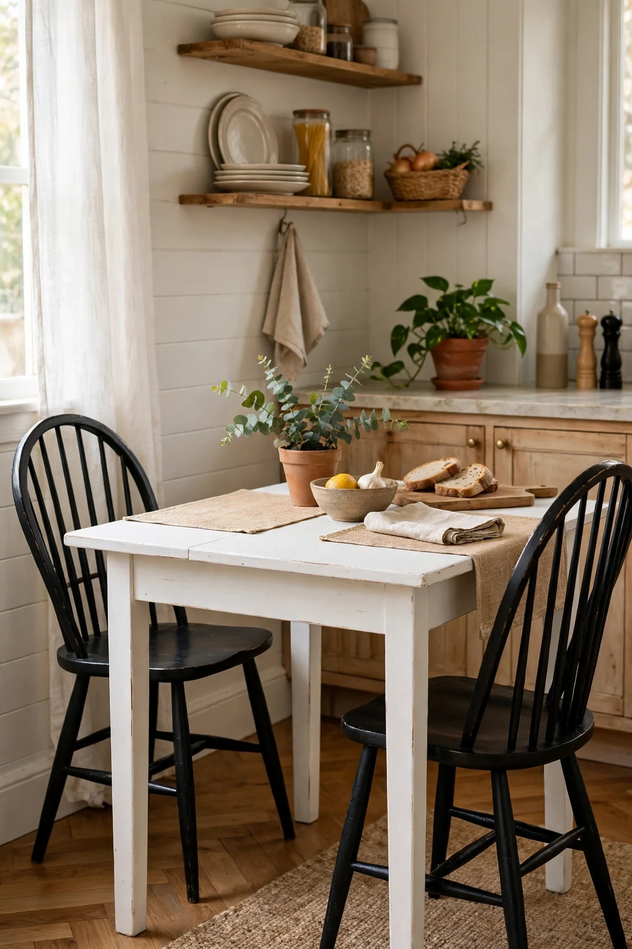 white painted dining table with black Windsor chairs in a kitchen corner, black and white kitchen