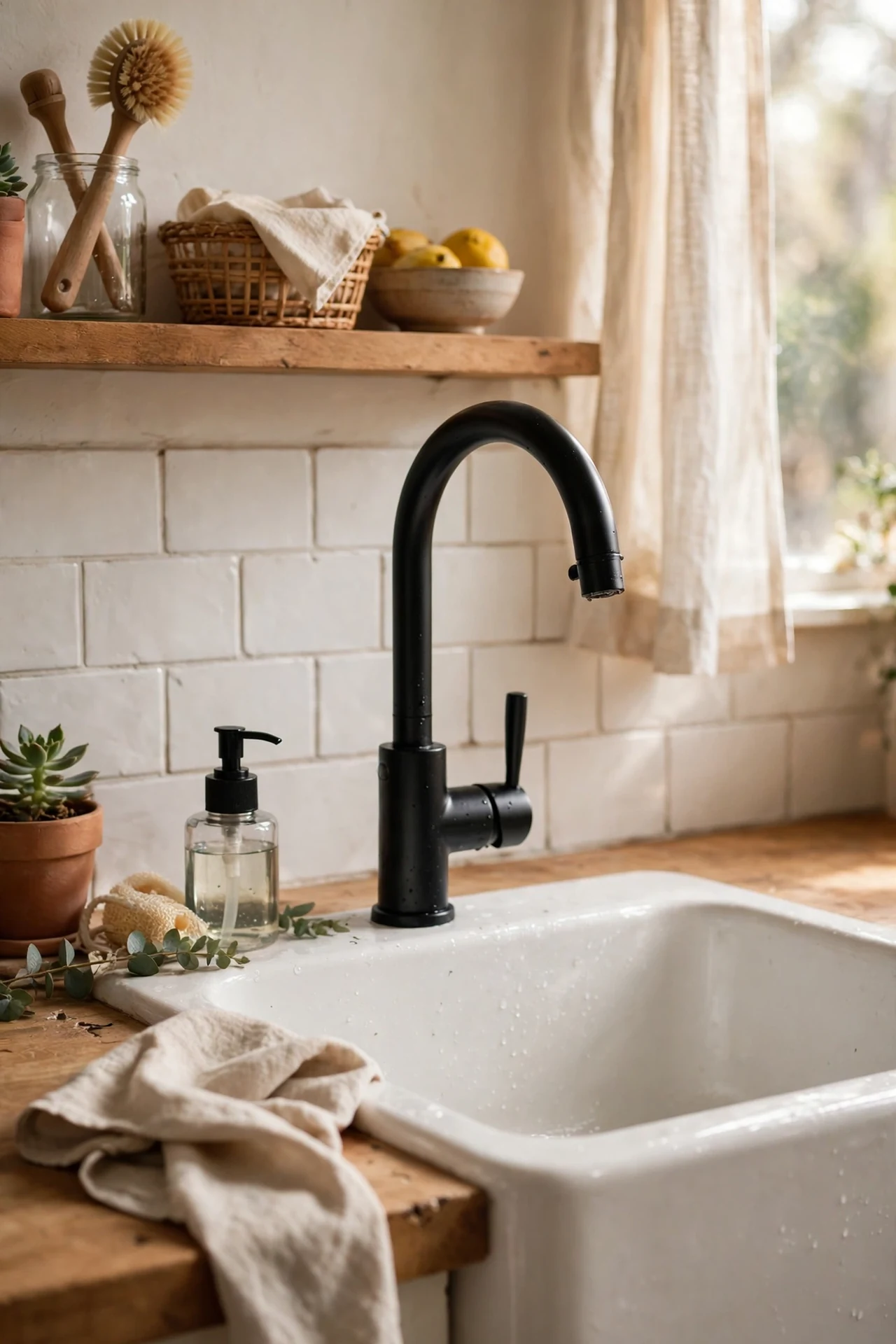 matte black kitchen tap over a white ceramic sink, black and white kitchen