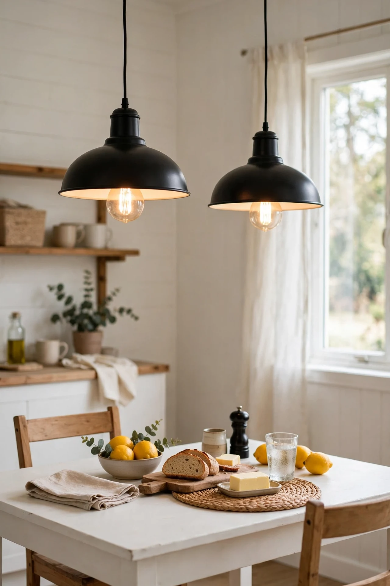 two black pendant shades hanging over a white kitchen table with warm bulbs, black and white kitchen