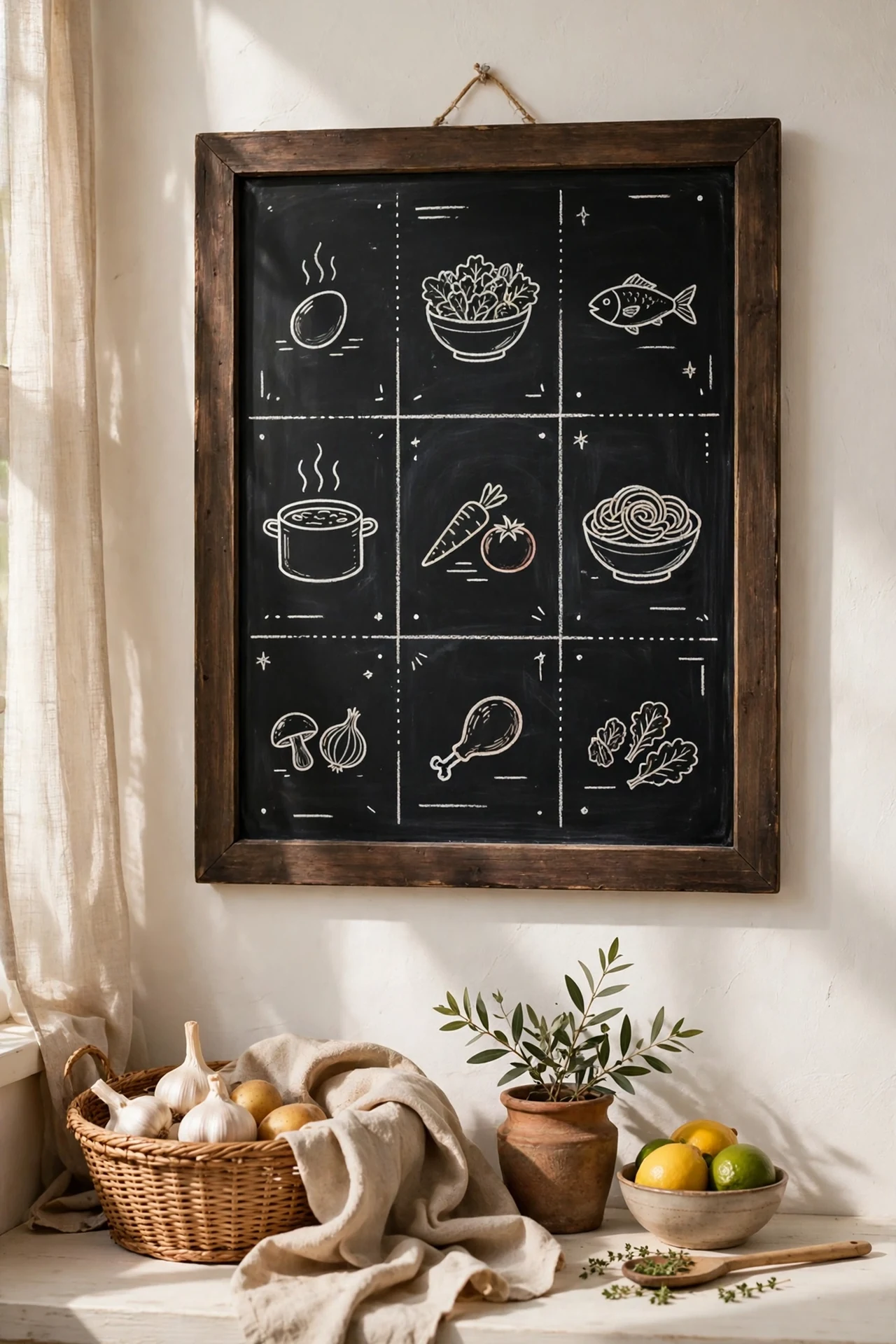 framed chalkboard on a white kitchen wall with a handwritten weekly menu, black and white kitchen
