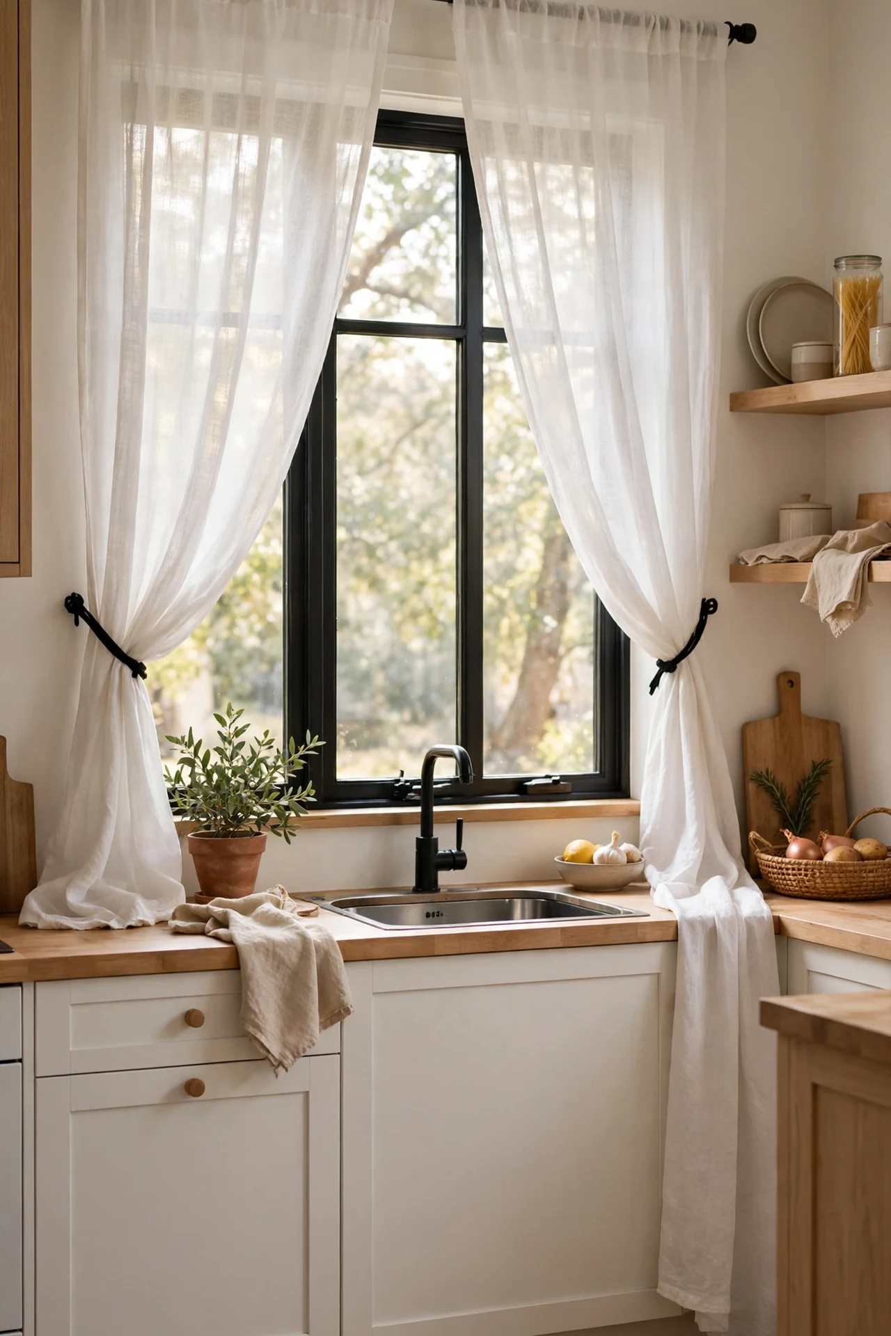white sheer curtains with black tie-backs on a kitchen window with dark rod, black and white kitchen