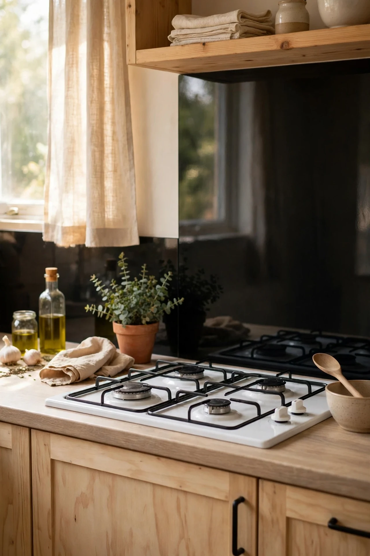 black glass splashback panel behind a white gas hob in a kitchen, black and white kitchen