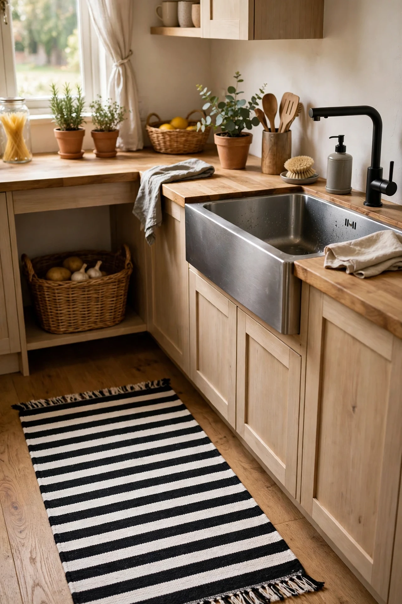 black and white striped washable runner rug beside a kitchen sink, black and white kitchen