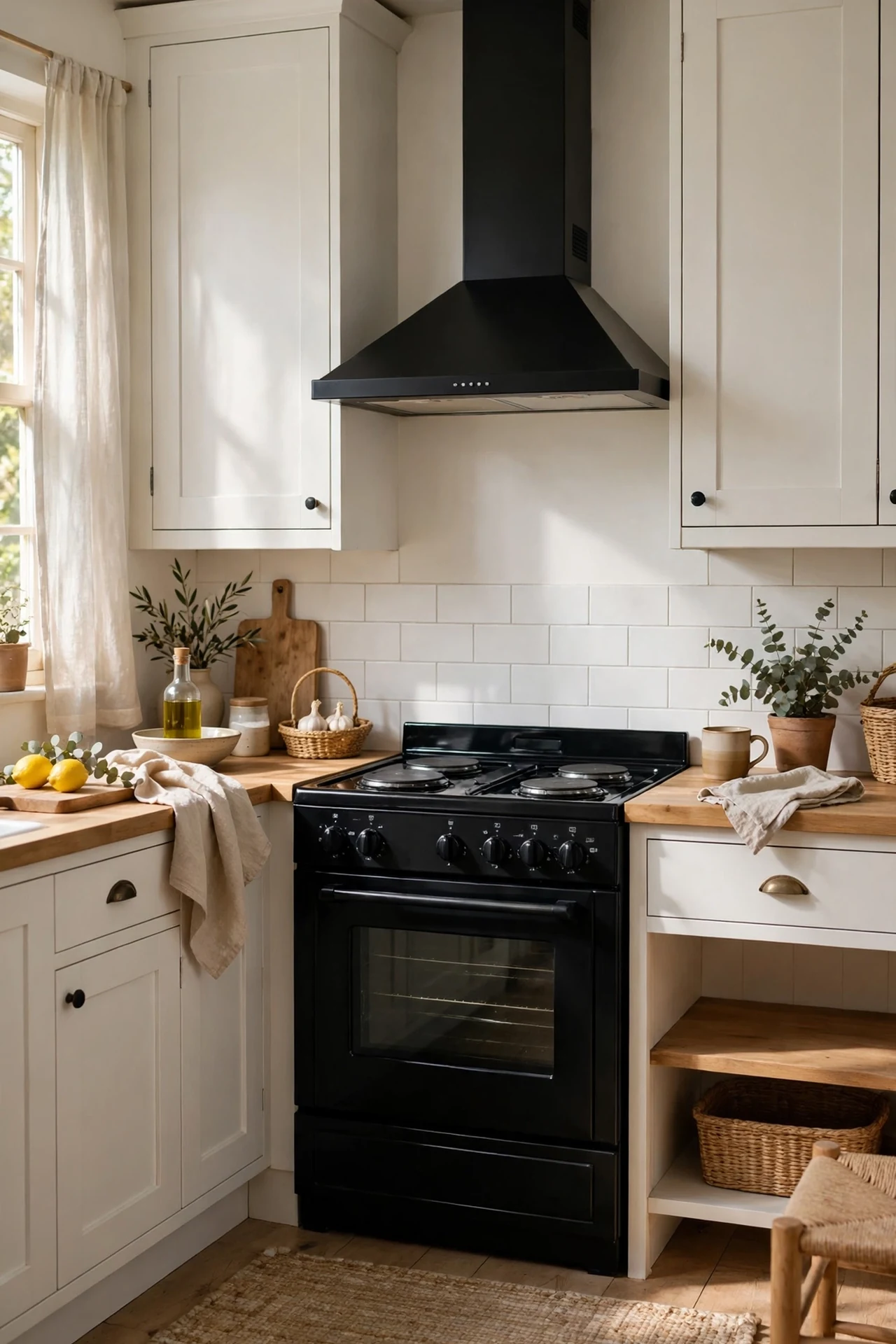 chalk-white kitchen cabinets with a black cooker and black hood as centrepiece, black and white kitc