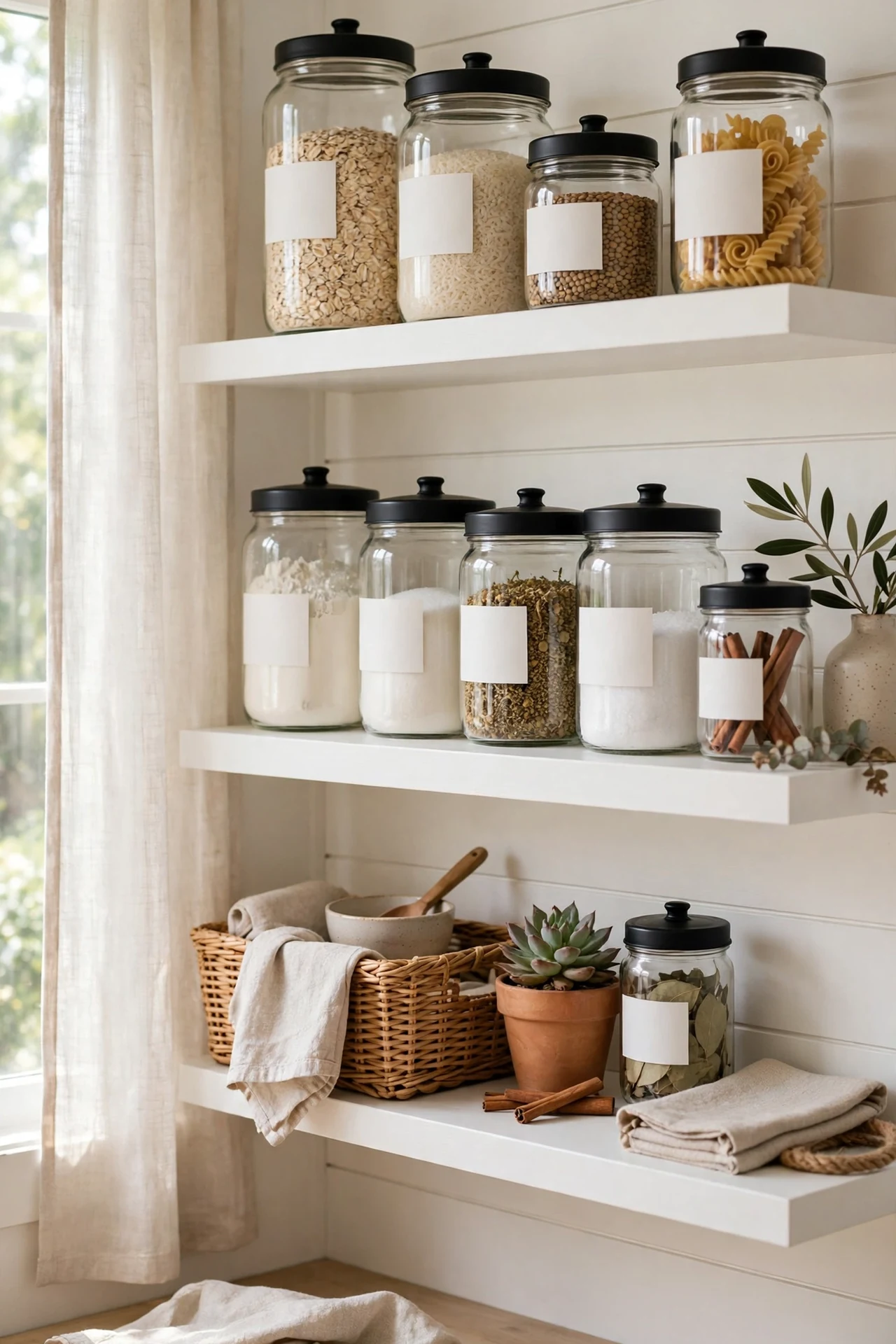 glass storage jars with black lids and white labels on white kitchen shelves, black and white kitche