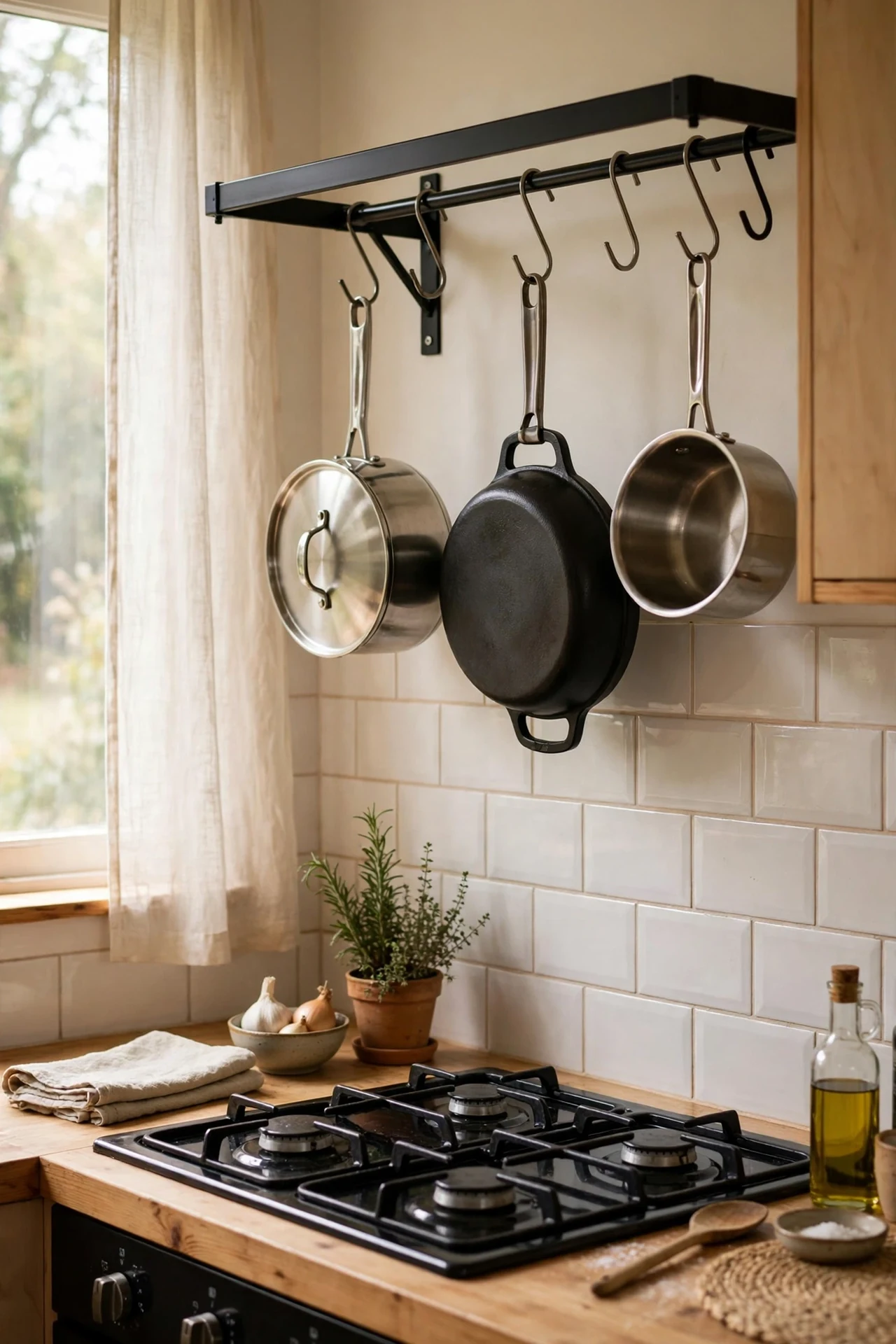 black metal pan rail with S-hooks holding pots above a kitchen hob, black and white kitchen