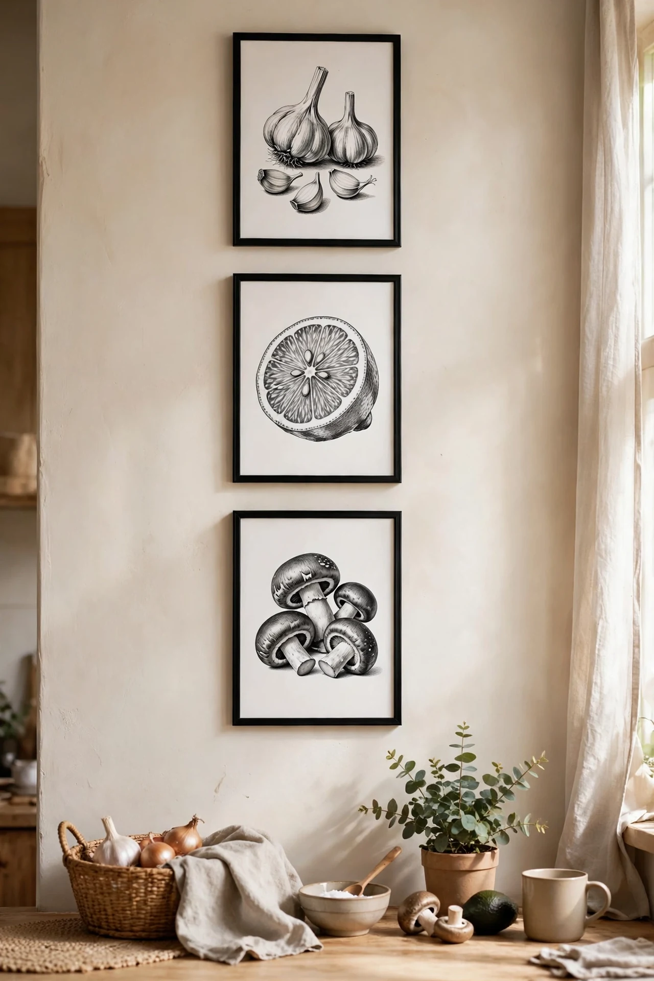 three black-framed black and white food prints on a kitchen wall, black and white kitchen