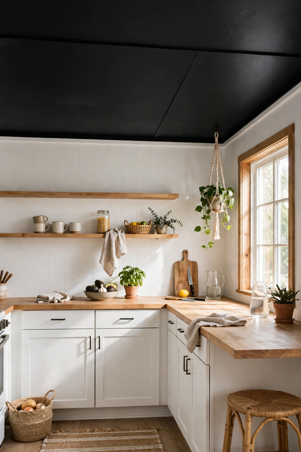 white kitchen walls with a bold black painted ceiling, black and white kitchen