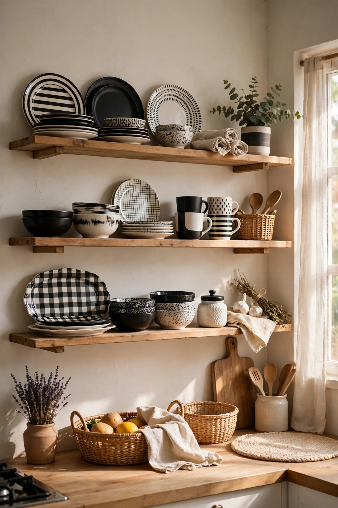 black and white dishes displayed on open kitchen shelves as decor, black and white kitchen