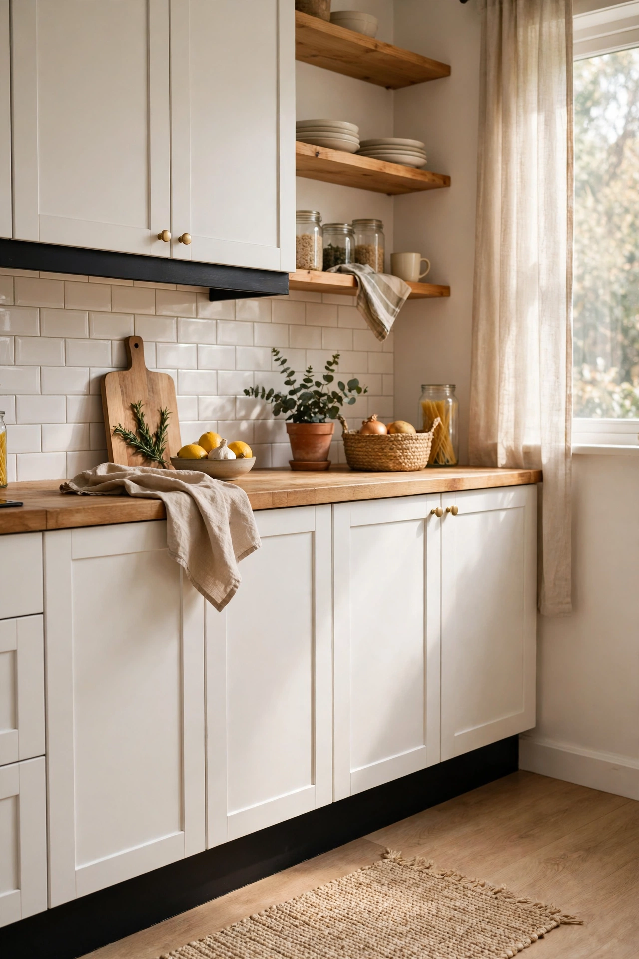 white kitchen cabinets with black painted toe-kick strip creating a floating look, black and white k