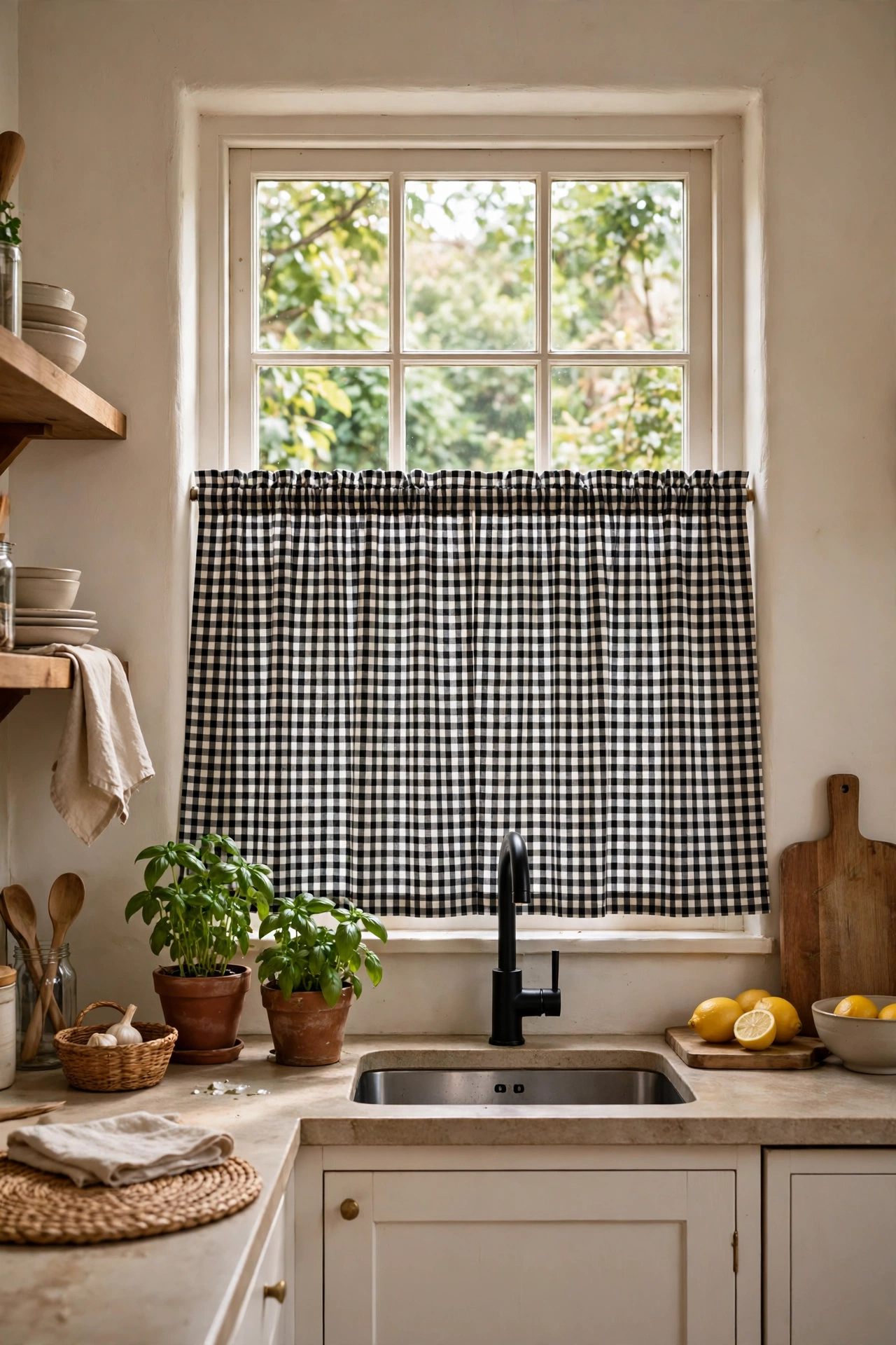 black and white gingham cafe curtain on the lower half of a kitchen window, black and white kitchen