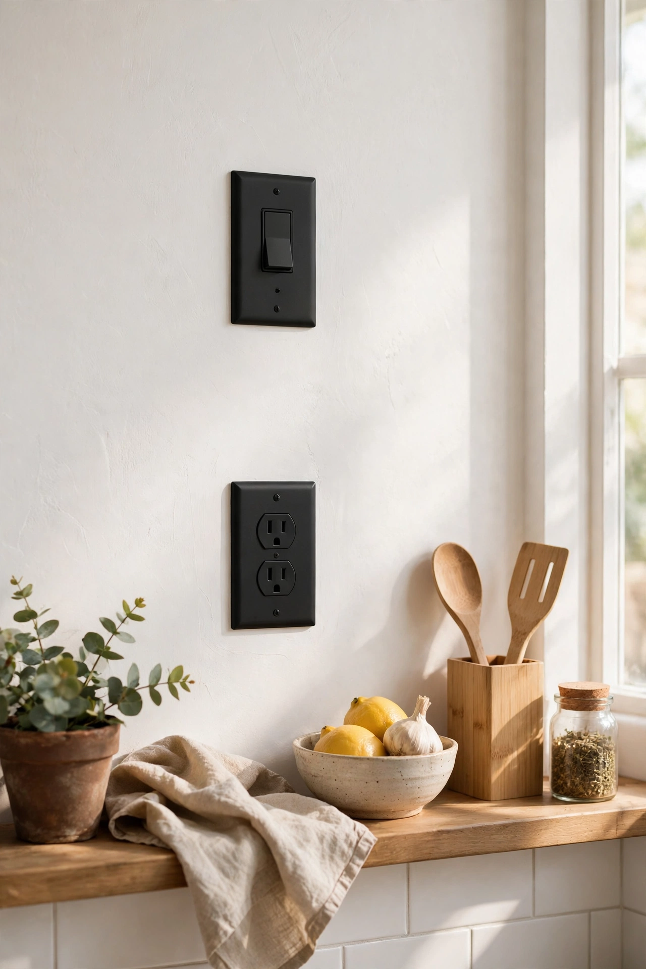 matte black light switch plates and plug covers on a white kitchen wall, black and white kitchen