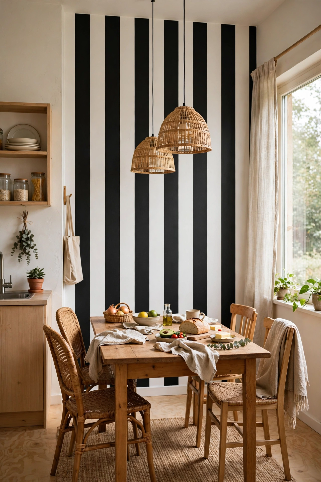 wide vertical black and white striped feature wall behind a kitchen eating area, black and white kit