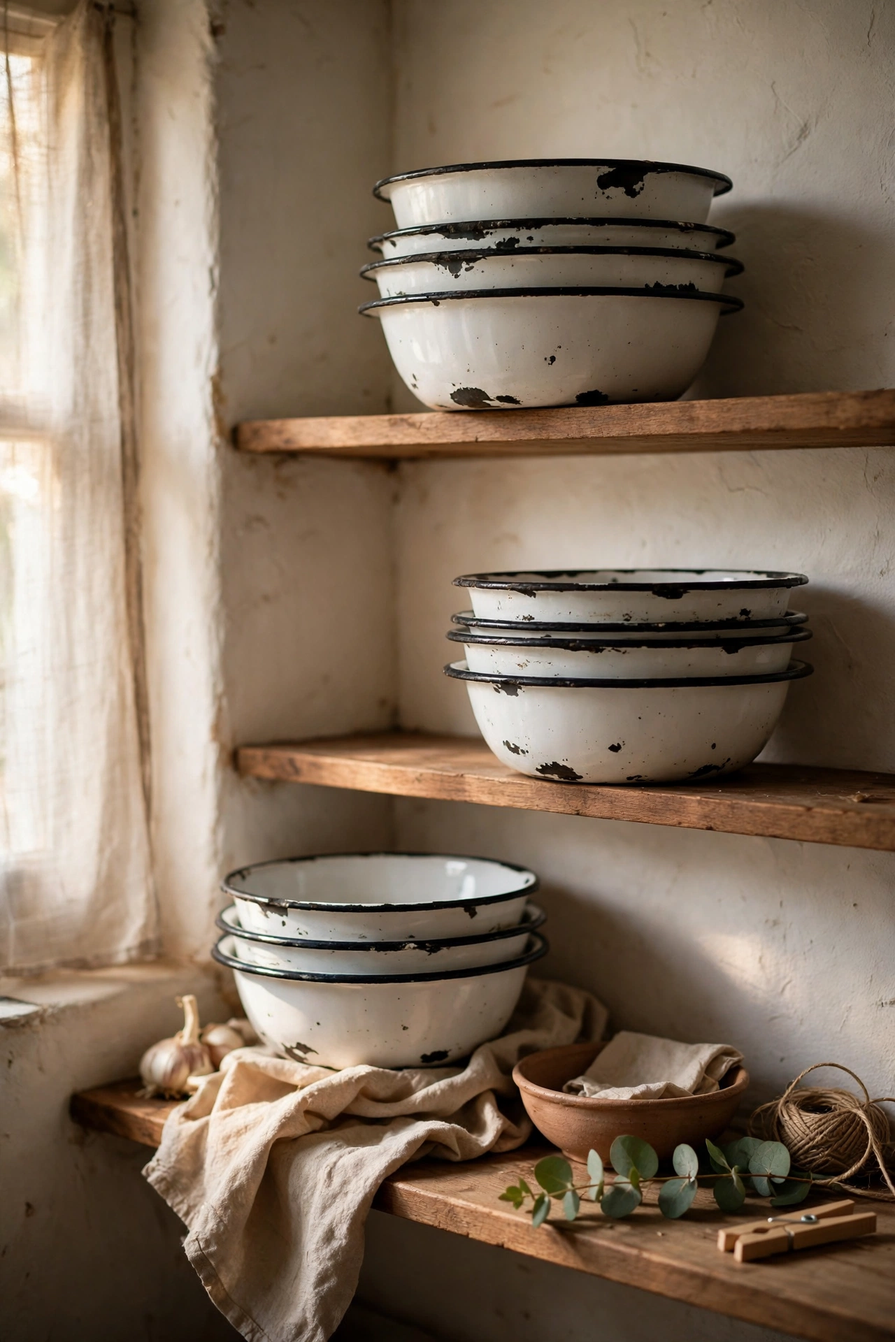 chipped white enamel bowls with black rims stacked on open kitchen shelves, black and white kitchen