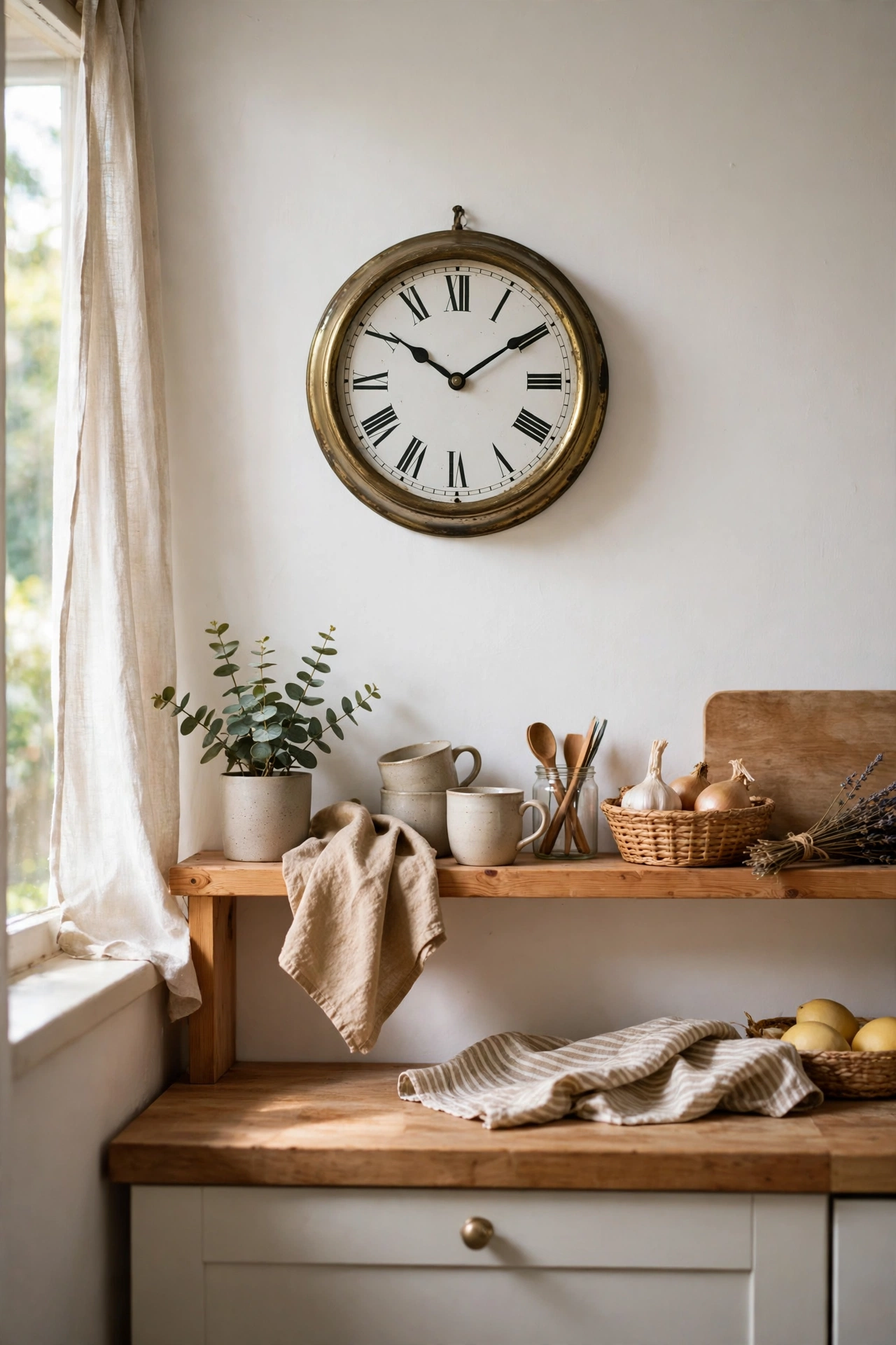 vintage wall clock with black roman numerals on a white kitchen wall, black and white kitchen