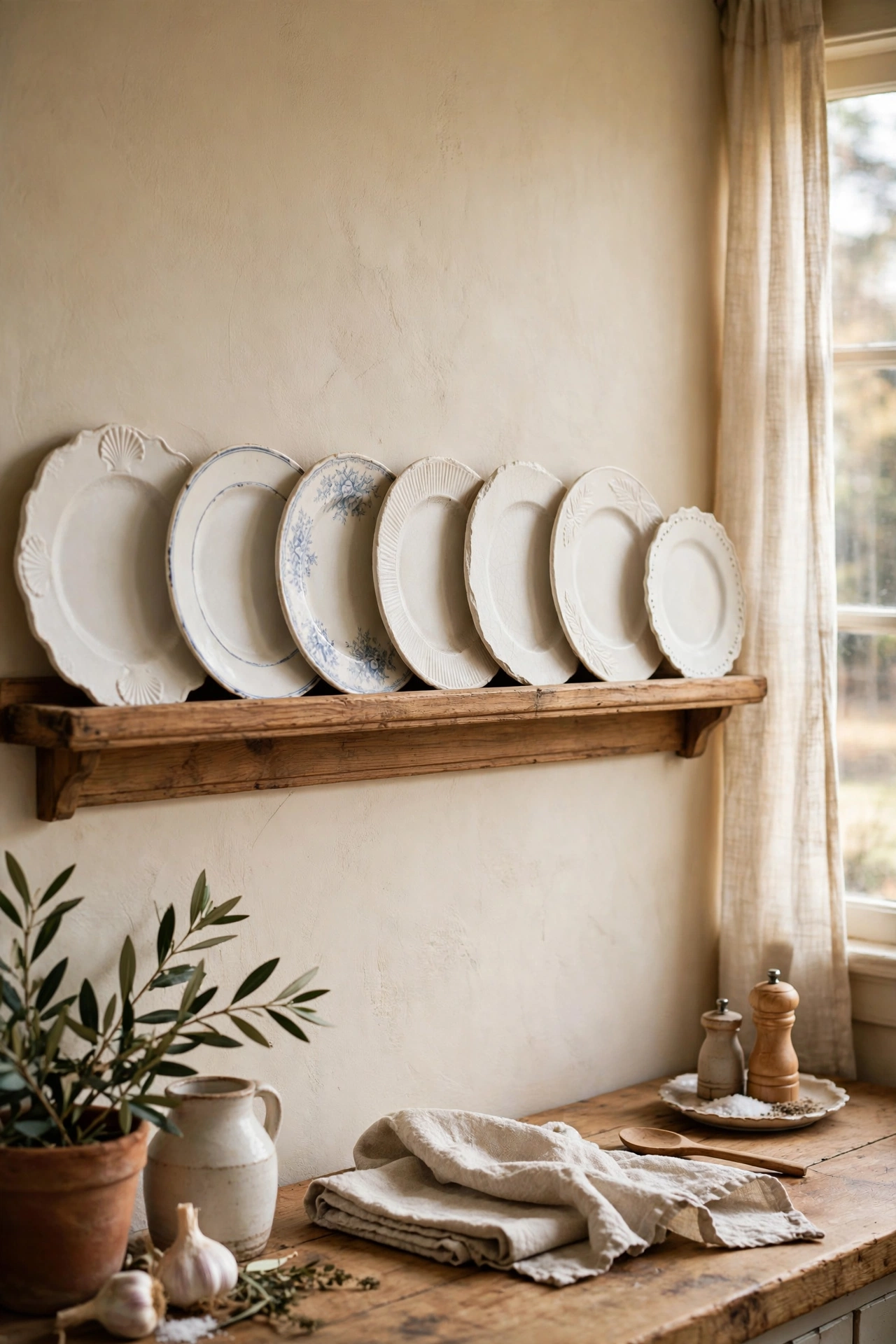 mismatched white ironstone plates displayed on a wooden plate rail, black and white kitchen