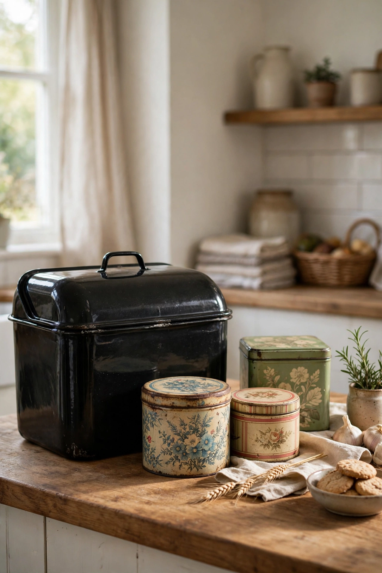 black enamel bread bin and vintage biscuit tins on a kitchen worktop, black and white kitchen