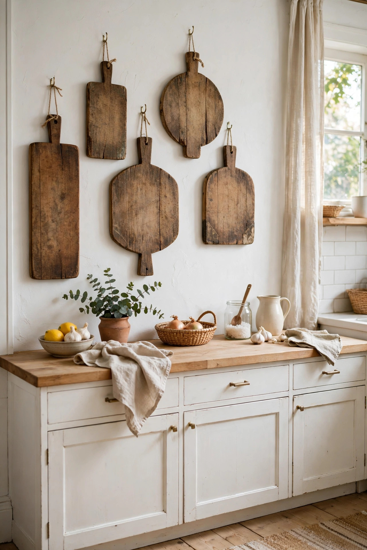 reclaimed wooden cutting boards hung as wall art in a white kitchen, black and white kitchen