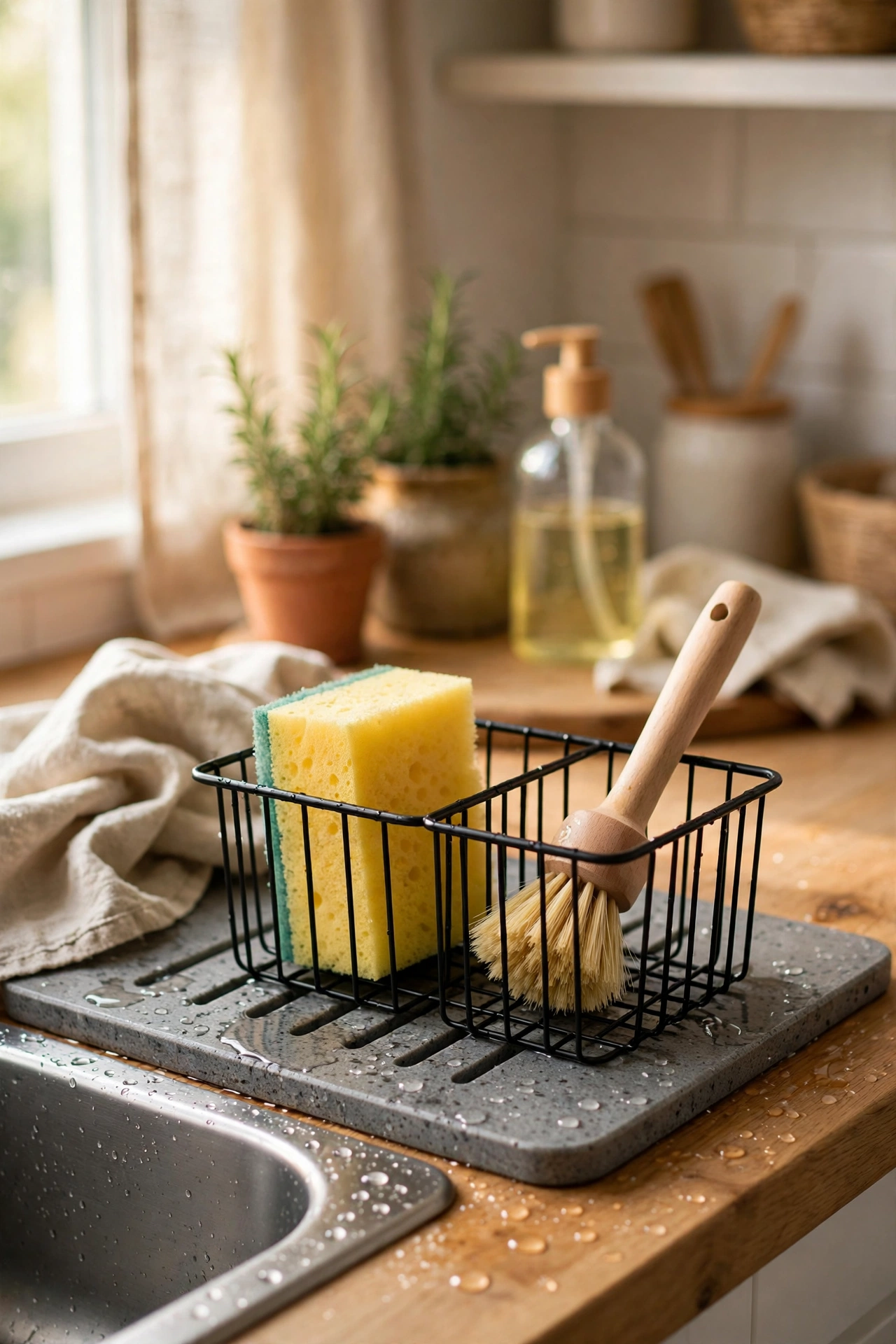 black wire sink caddy with sponge and brush on a kitchen draining board, black and white kitchen