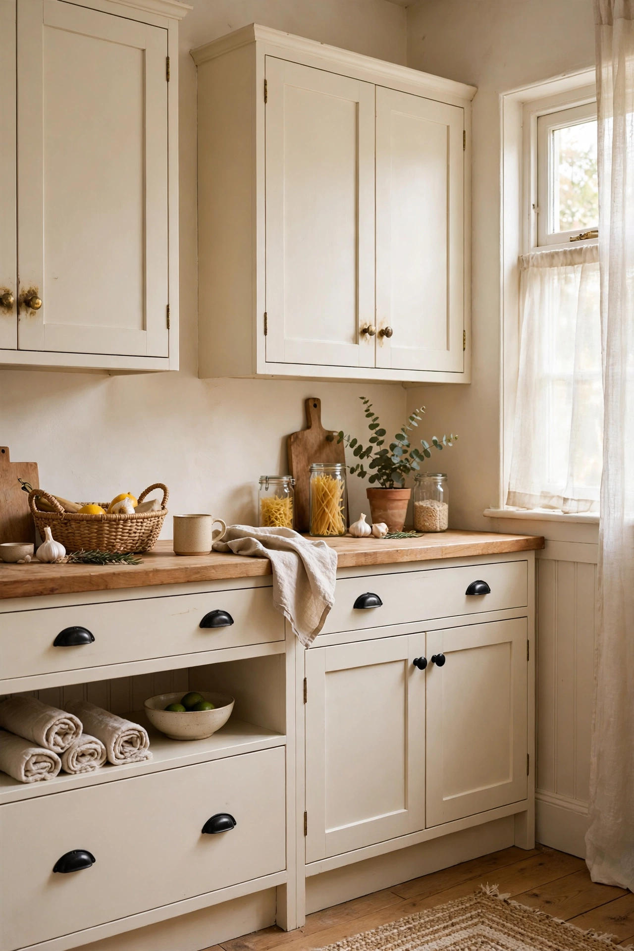 cream white cabinets with aged brass knobs and black cup pulls, black and white kitchen