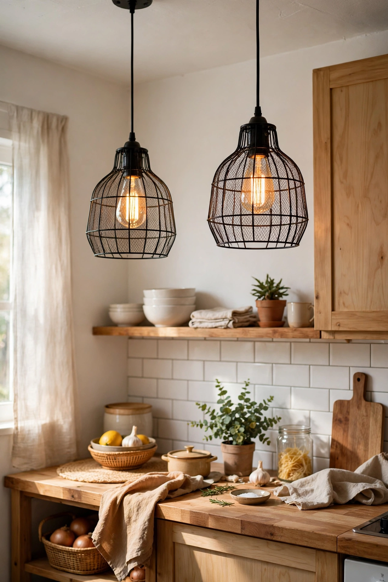 black wire cage pendant lights with warm Edison filament bulbs in a kitchen, black and white kitchen