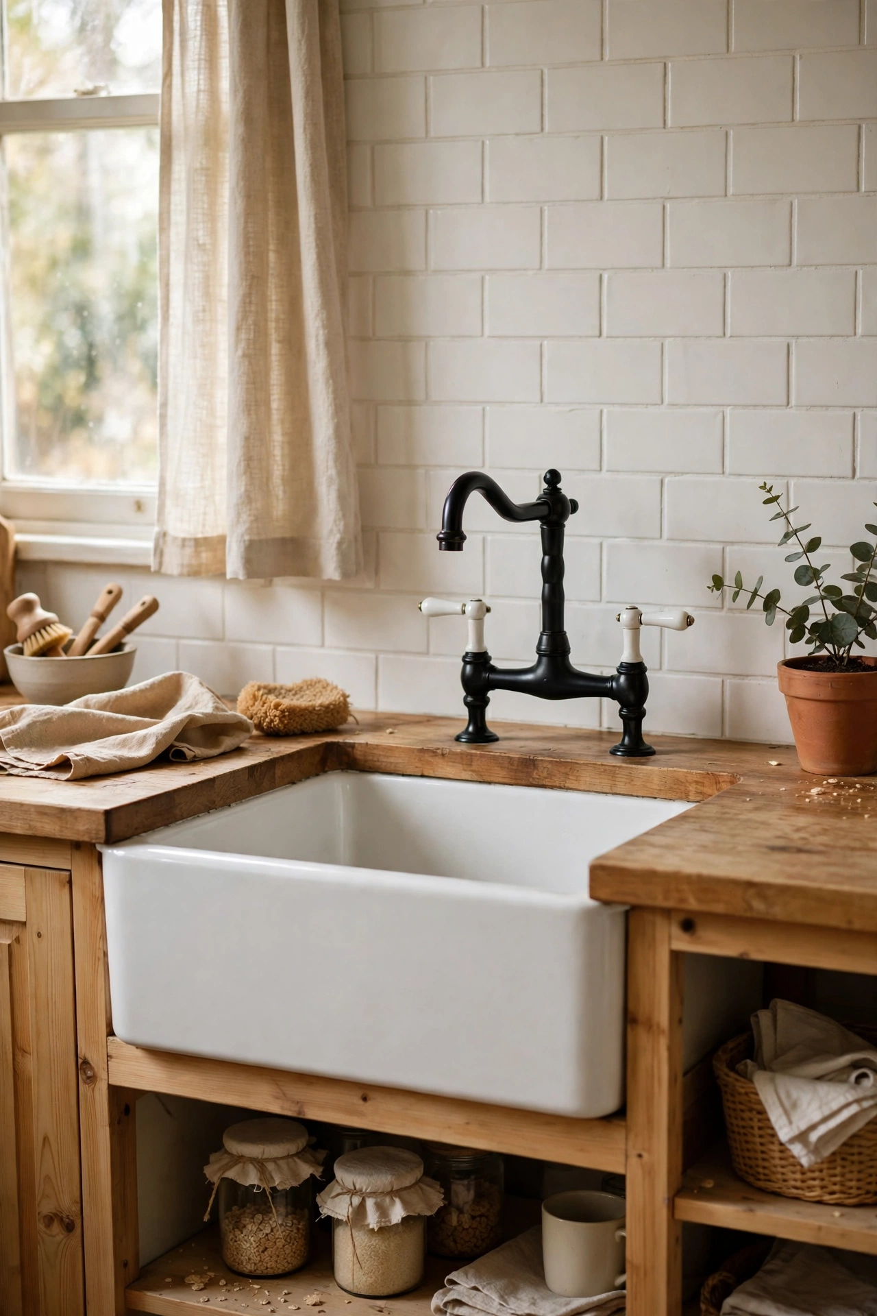 black bridge tap with white porcelain lever handles over a kitchen sink, black and white kitchen
