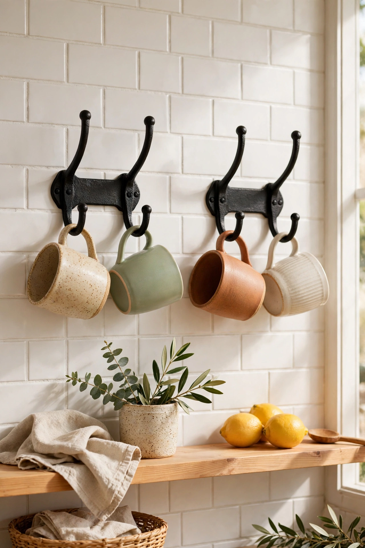 black cast-iron style double hooks on a white tiled kitchen wall holding mugs, black and white kitch