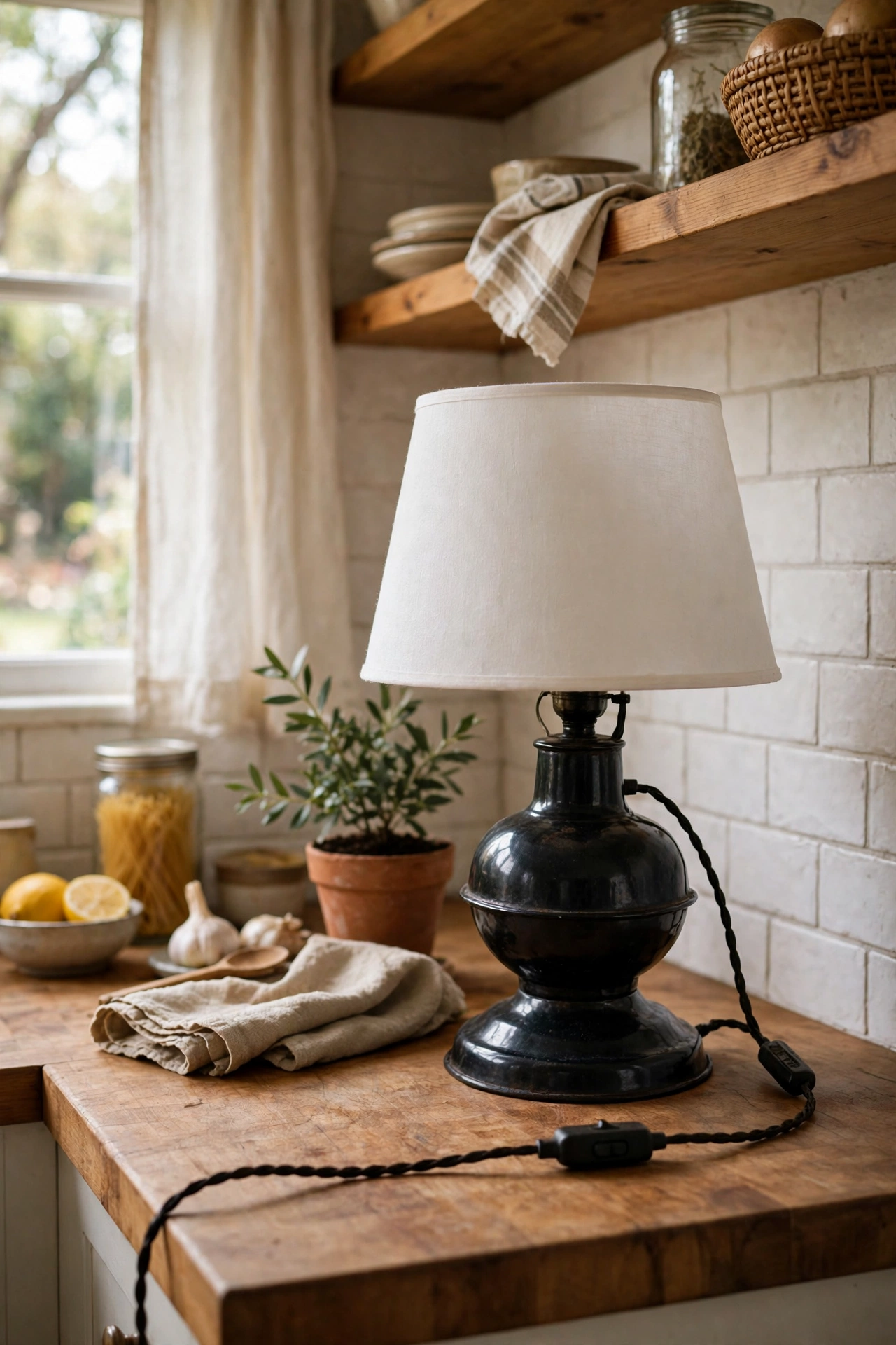 rewired vintage black enamel lamp with white shade on a kitchen counter, black and white kitchen