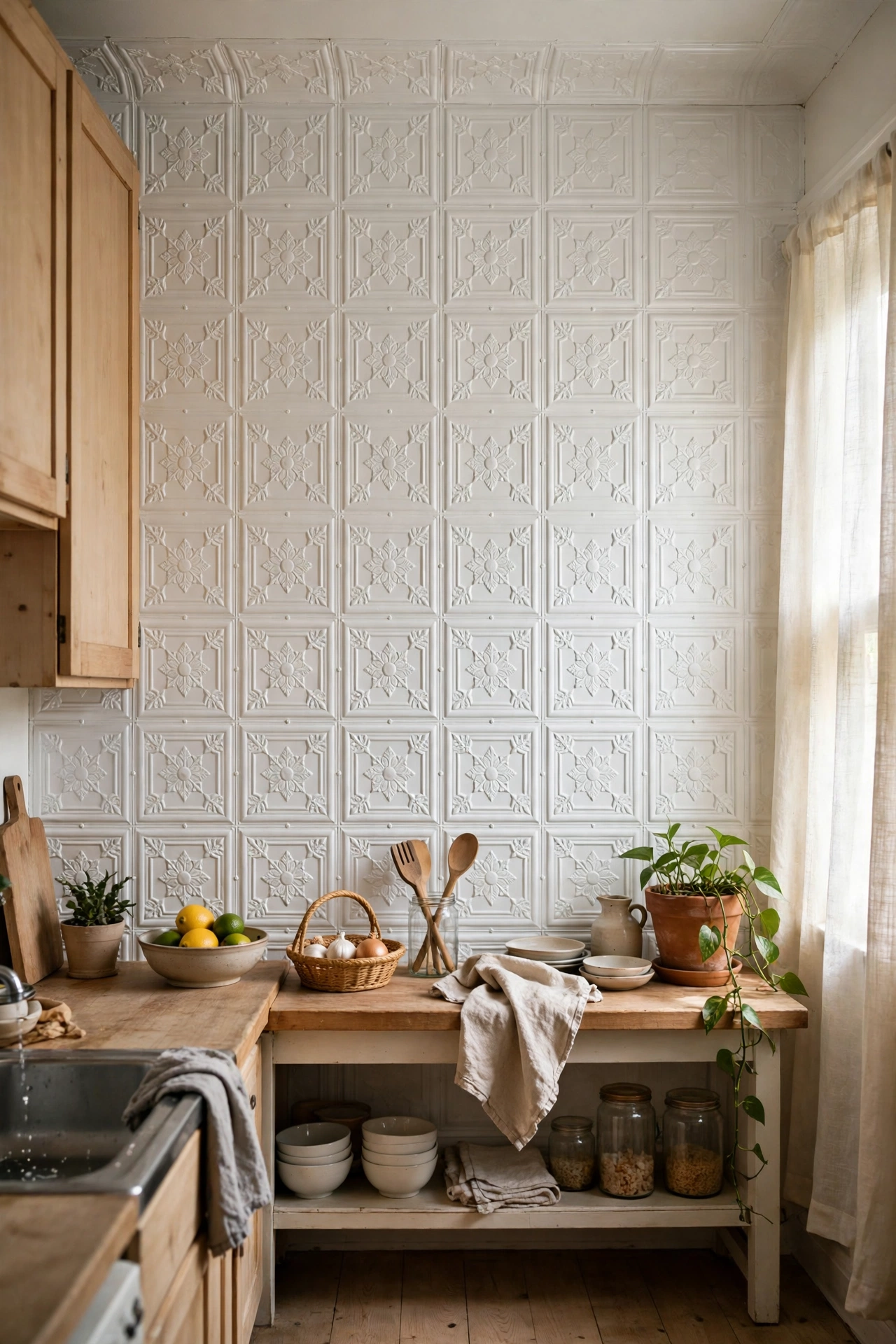 white pressed-tin pattern ceiling tiles glued to a kitchen feature wall, black and white kitchen