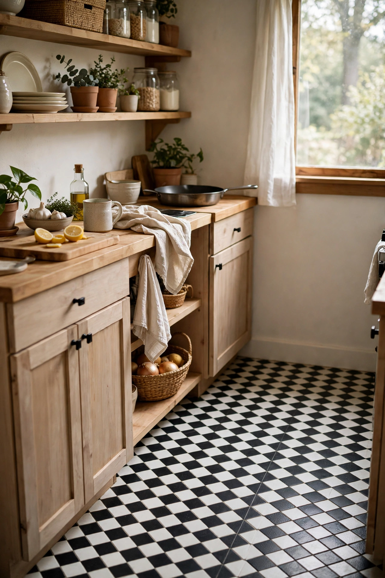 small black and white diamond patterned peel-and-stick floor tiles in a kitchen, black and white kit