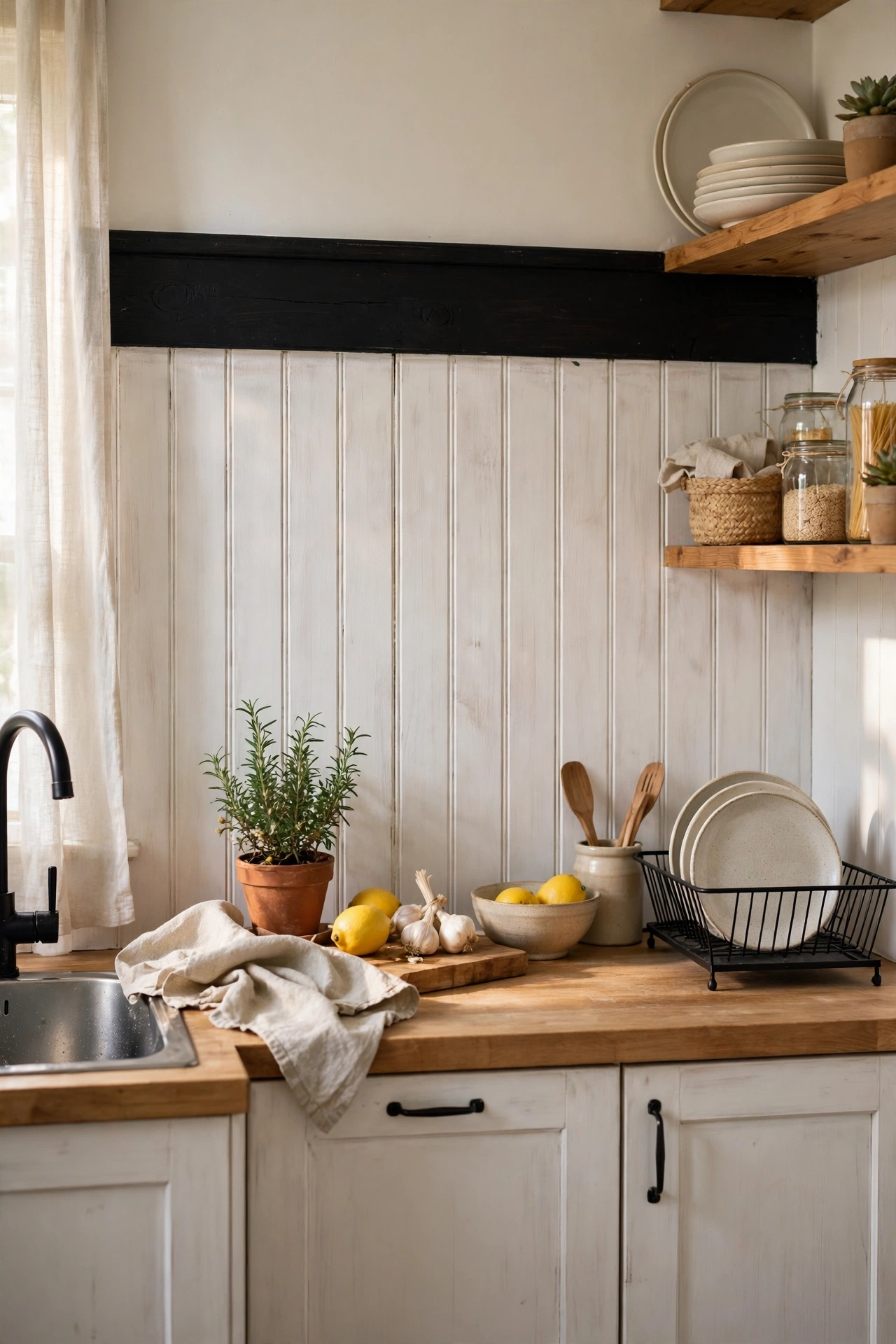 whitewashed beadboard backsplash with black timber cap rail in a kitchen, black and white kitchen