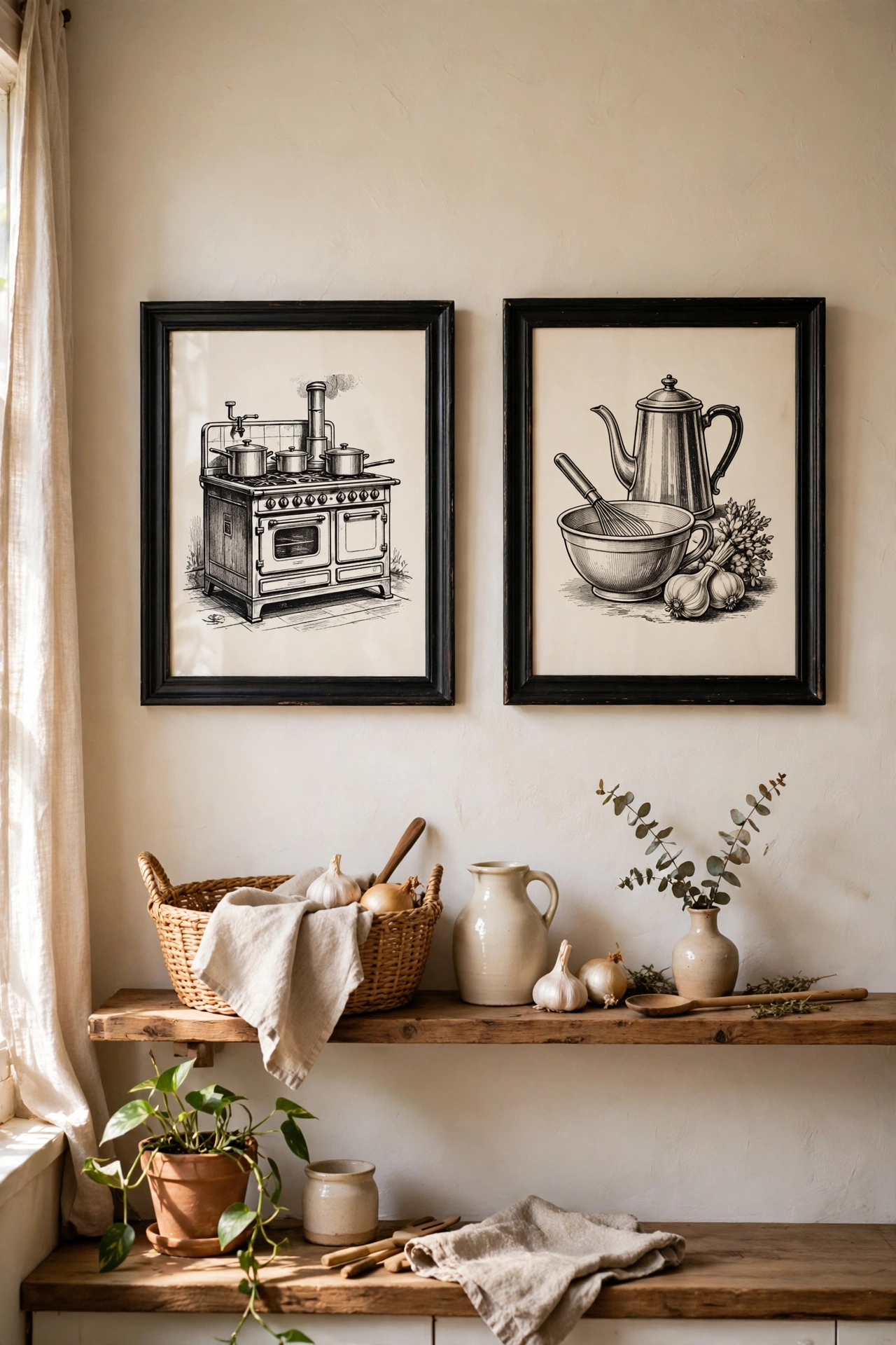 two black-framed vintage black and white kitchen adverts on a wall, black and white kitchen