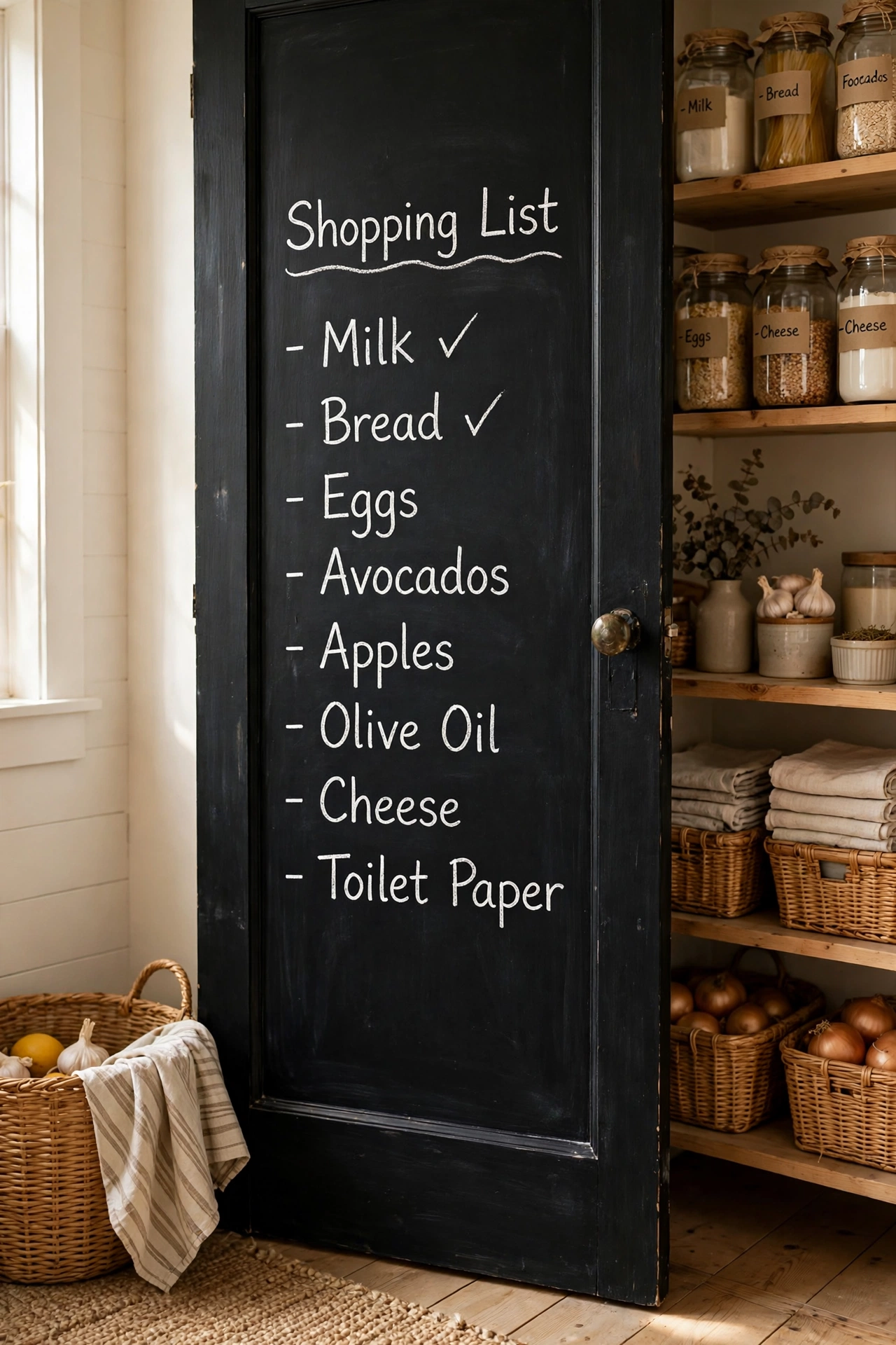 pantry door painted in black chalkboard paint with a handwritten shopping list, black and white kitc