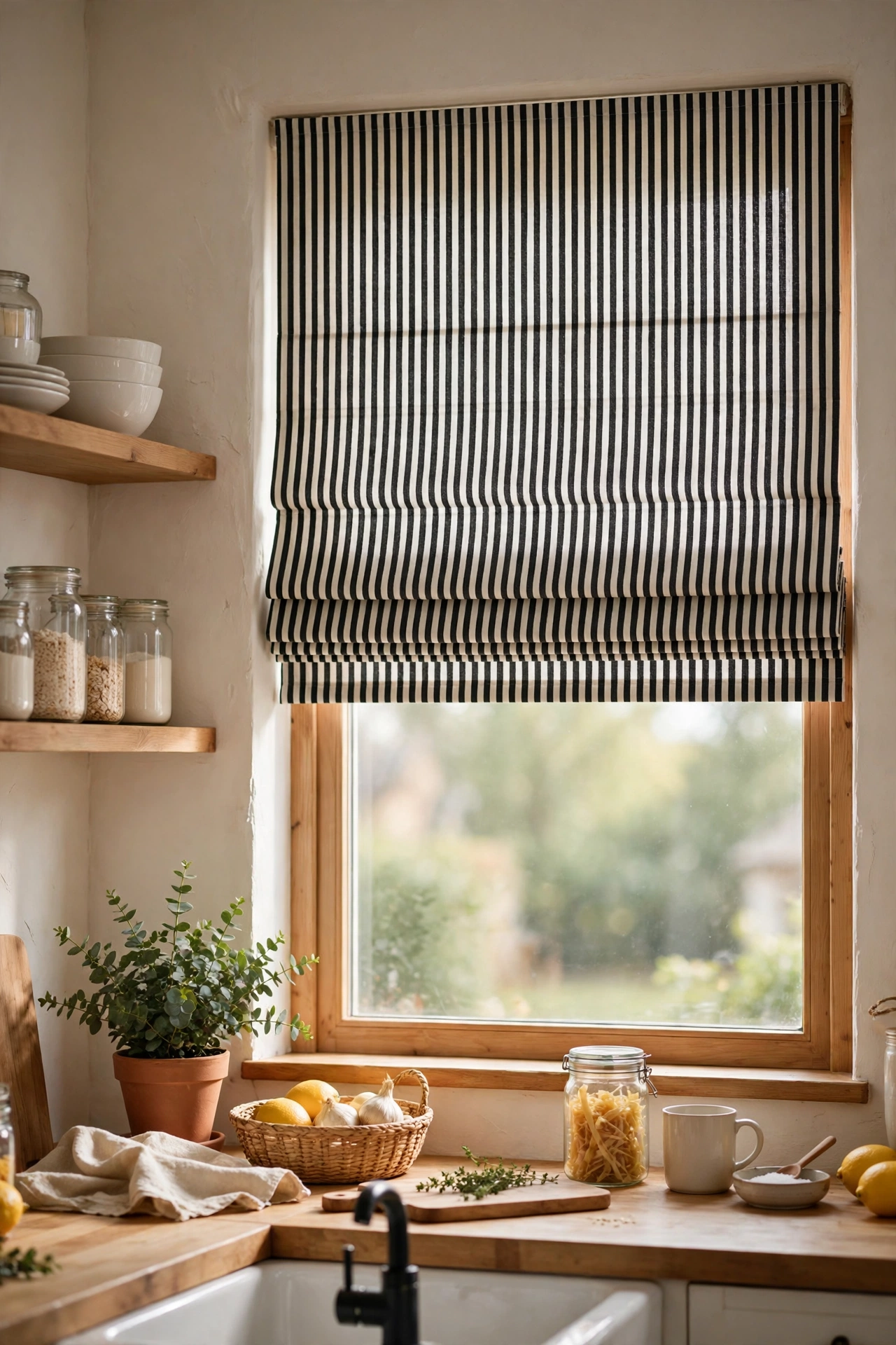 black and white ticking stripe Roman blind on a kitchen window, black and white kitchen