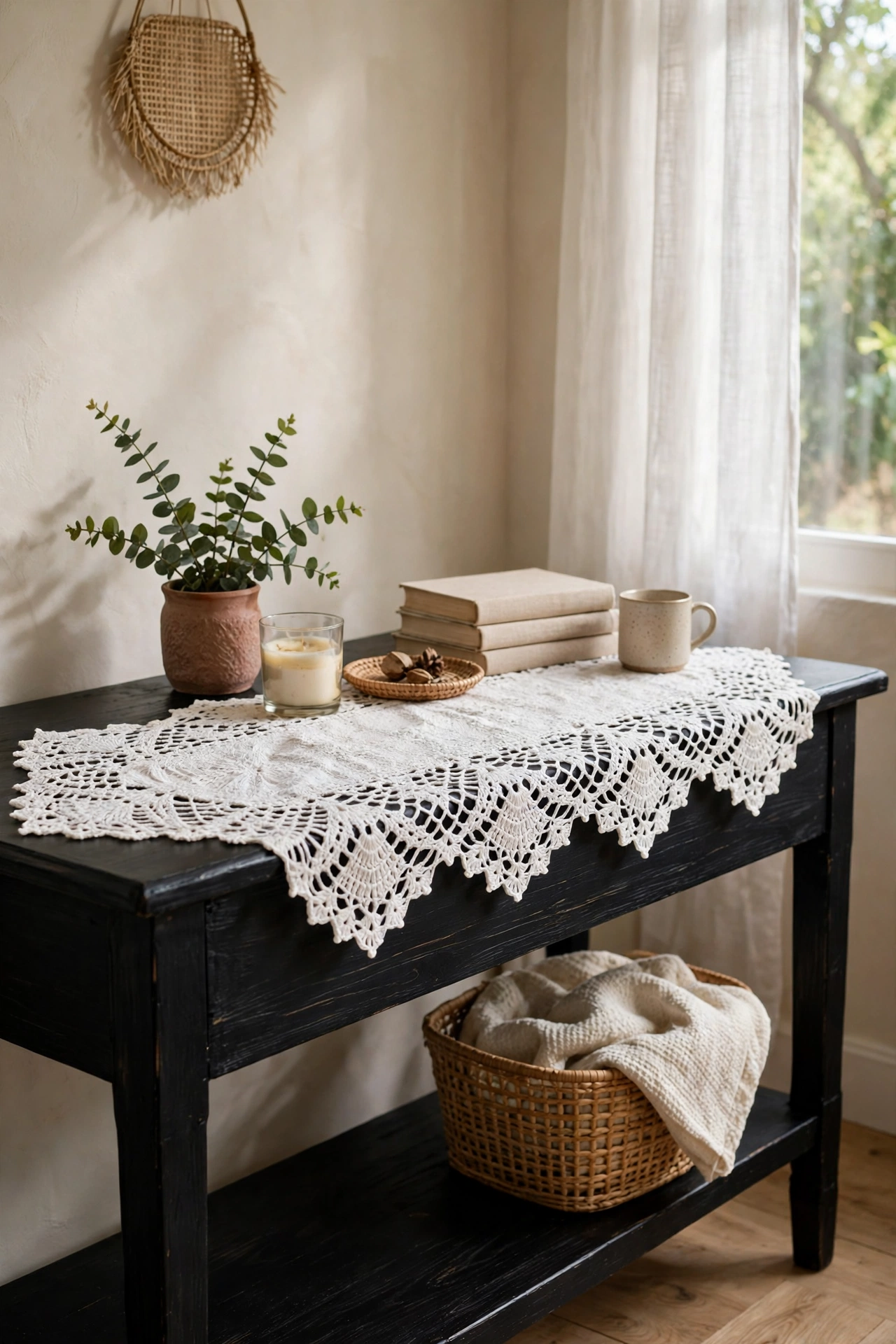 white crochet lace runner on a black painted wooden console table, black and white kitchen
