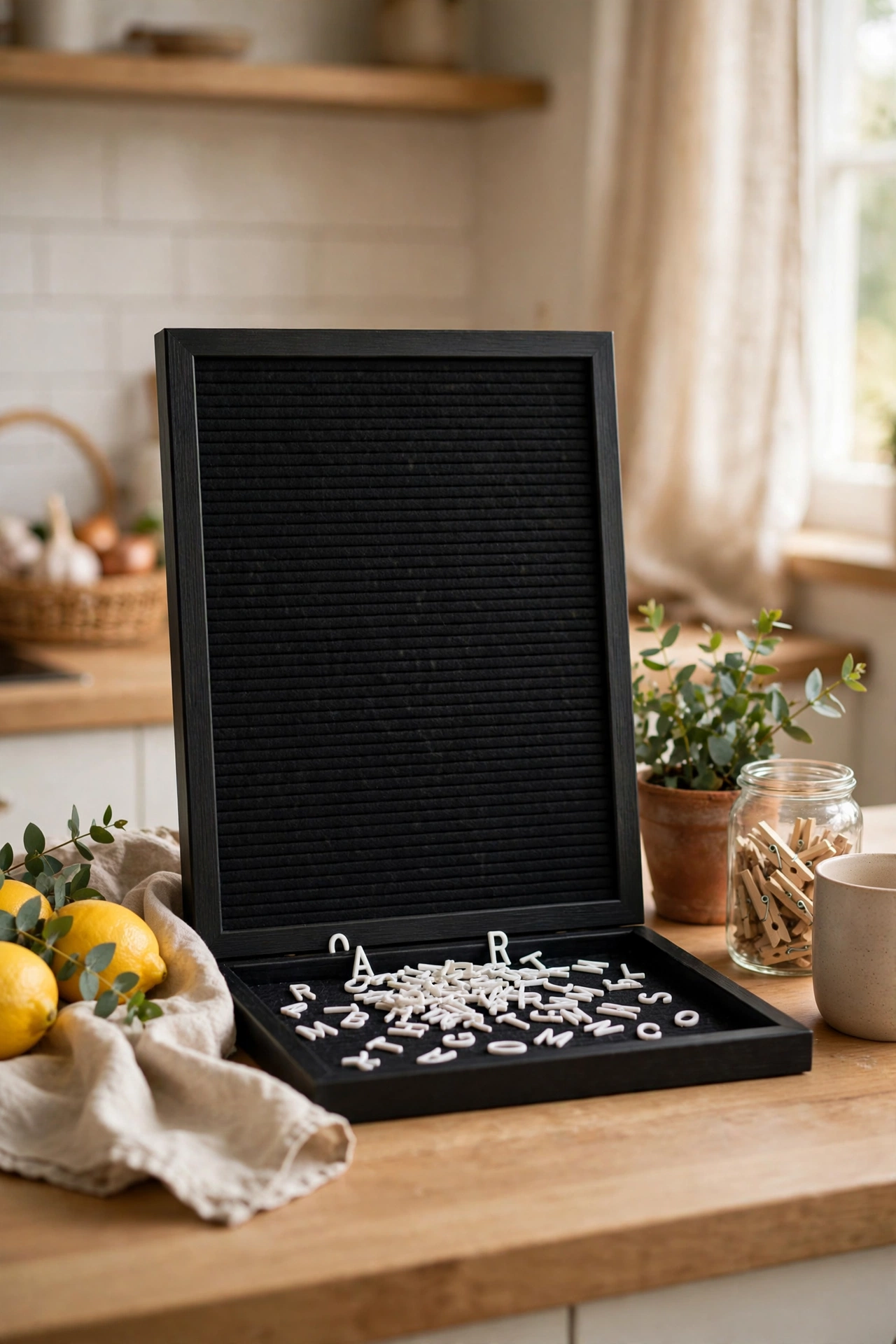 black felt letterboard with white letters on a kitchen worktop, black and white kitchen