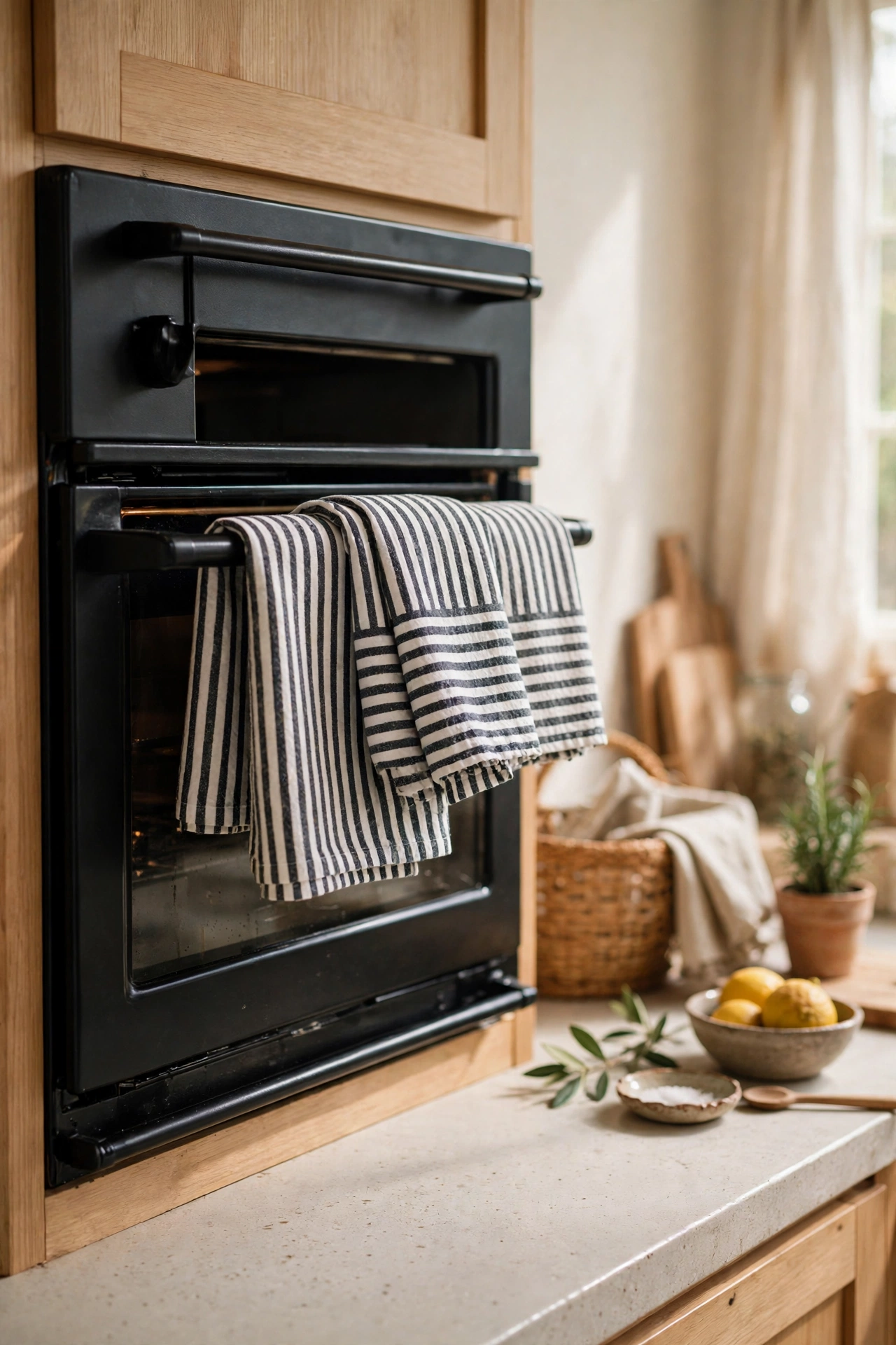striped black and white cotton tea towels folded over a black oven rail, black and white kitchen