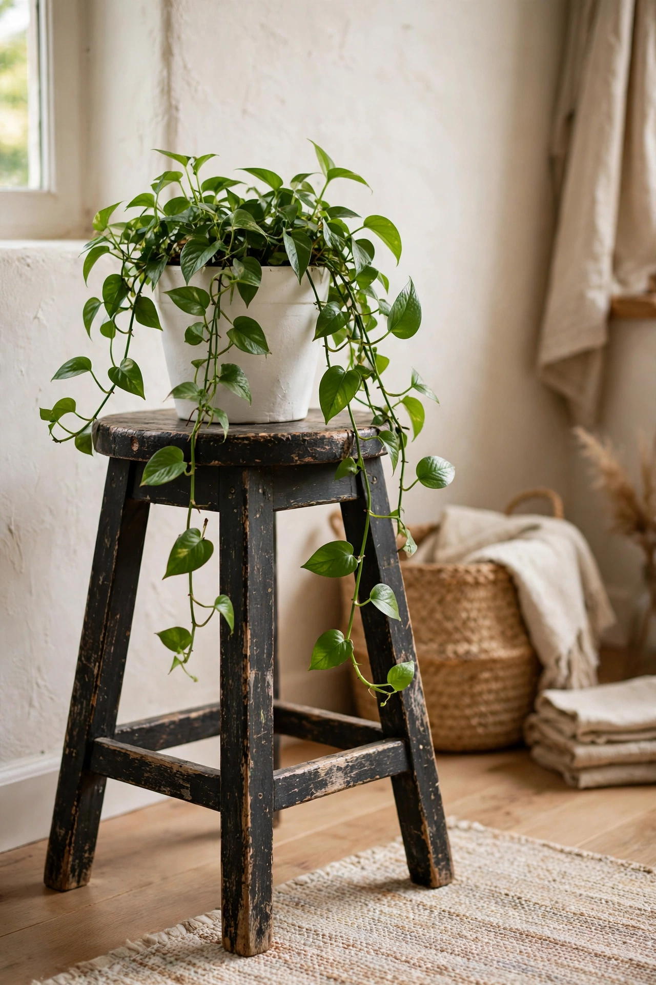 weathered black wooden stool with a white pot of trailing green plant, black and white kitchen