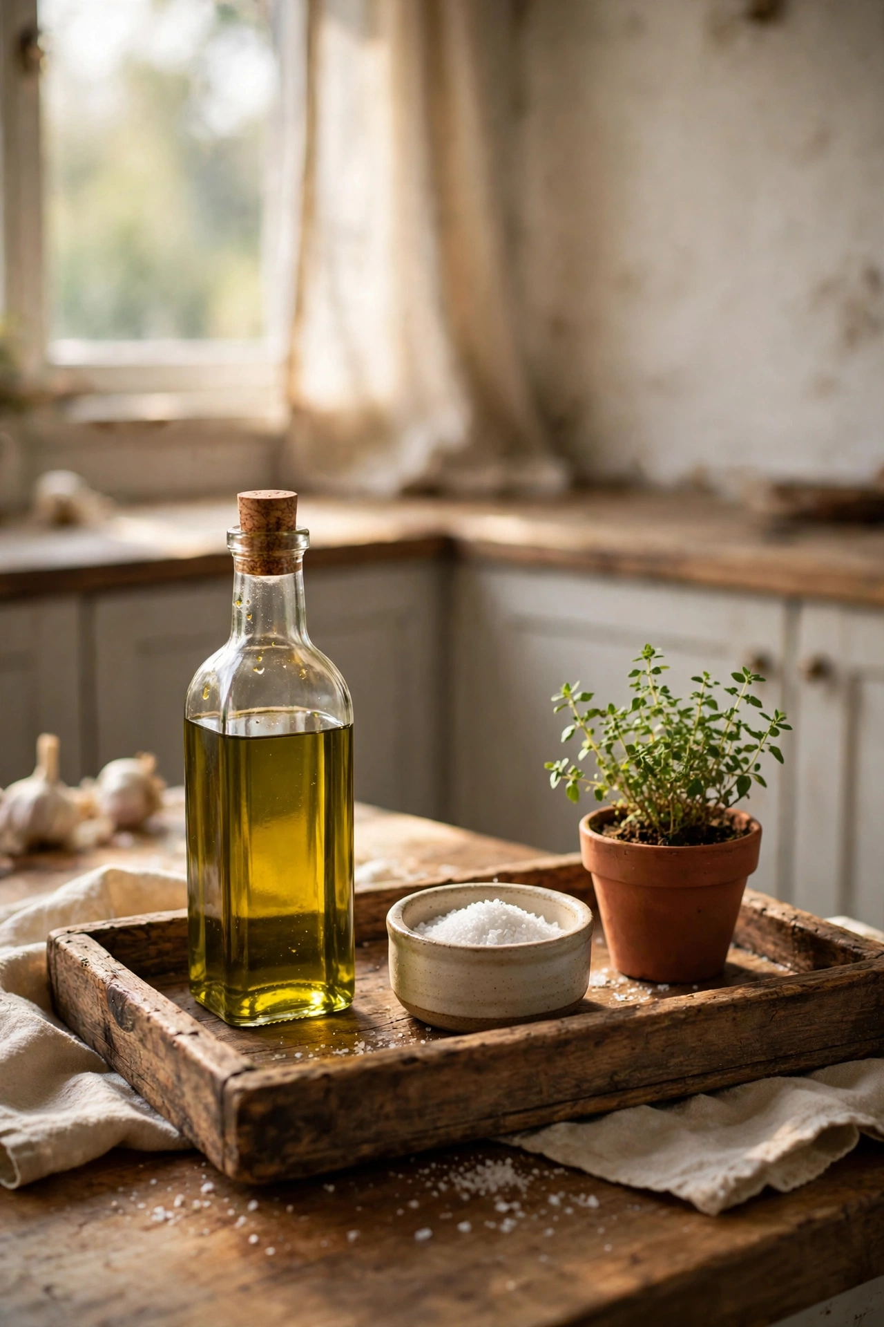 Wooden tray styling olive oil and salt on kitchen counter