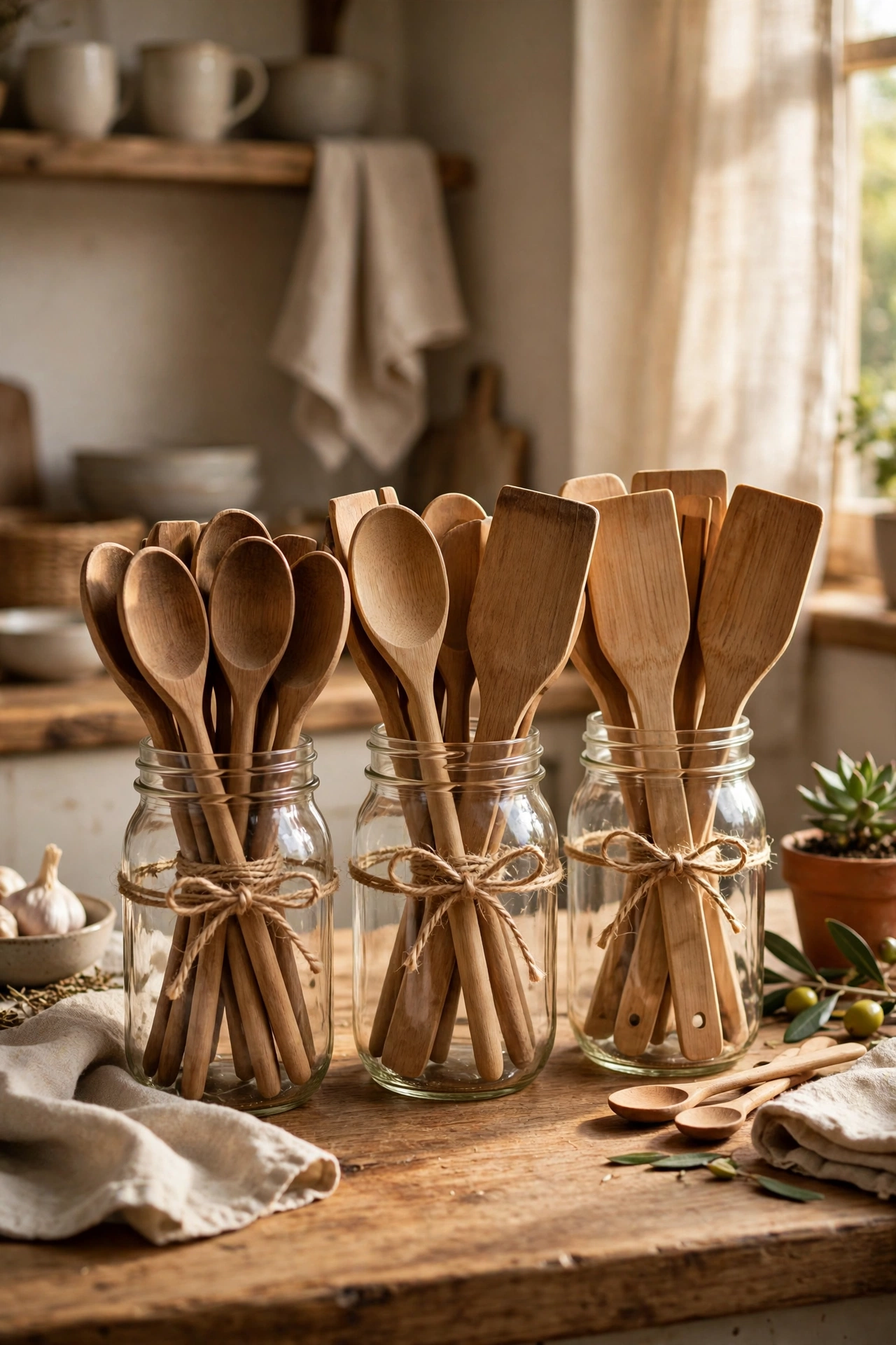 Mason jars with wooden spoons as utensil holders