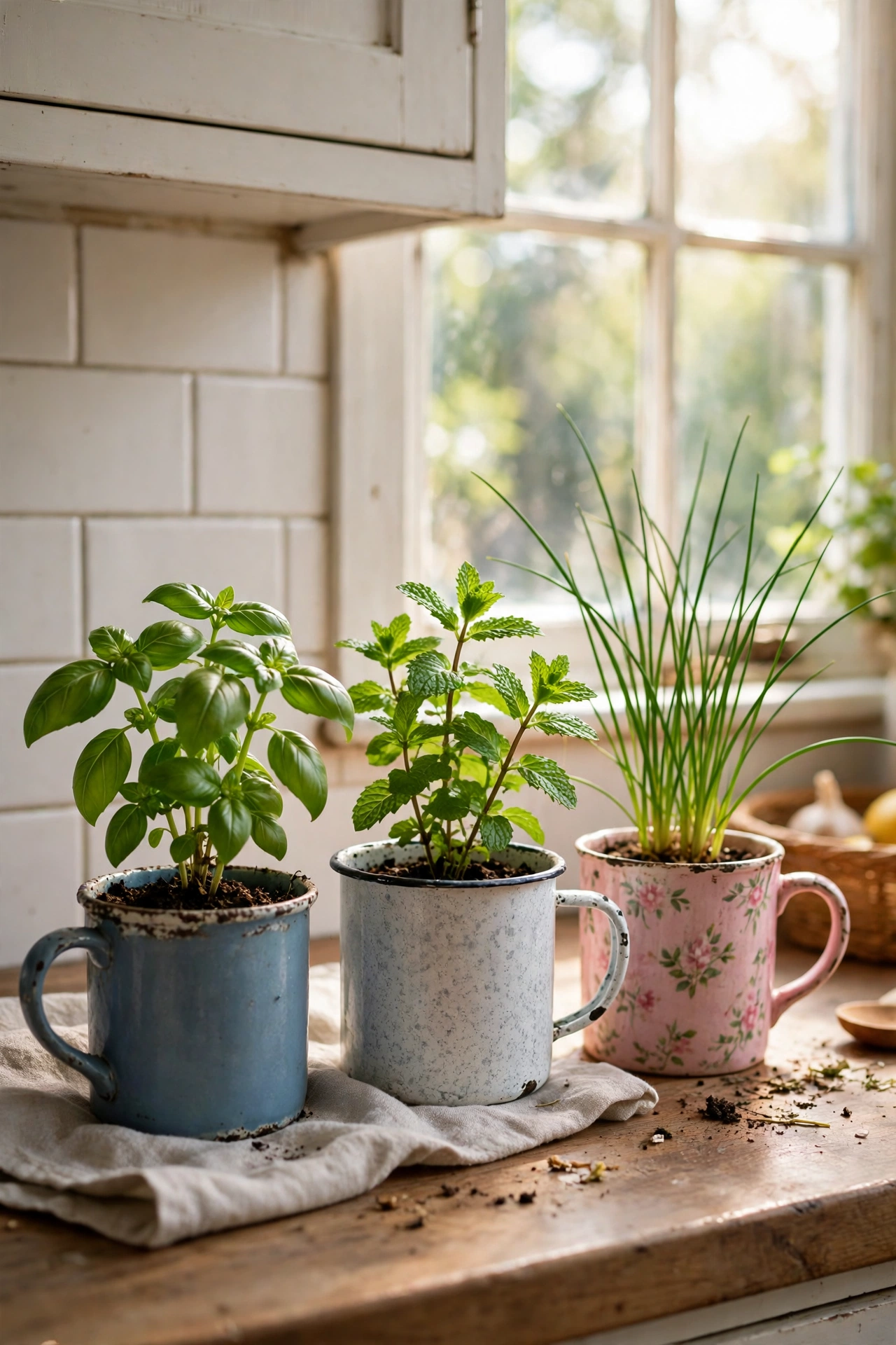 Small herb garden in mugs on kitchen windowsill