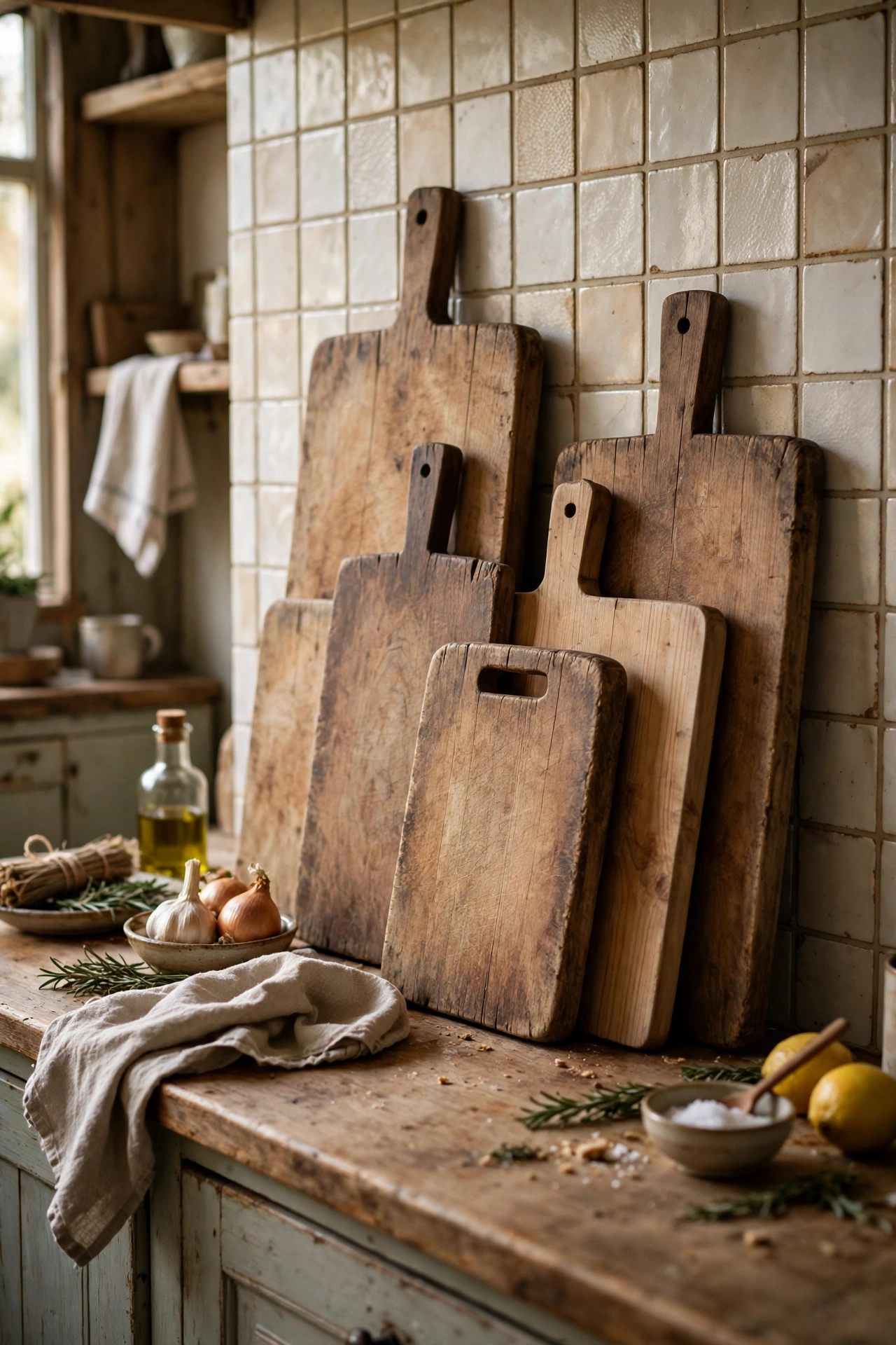 Wooden cutting boards leaning against kitchen splashback