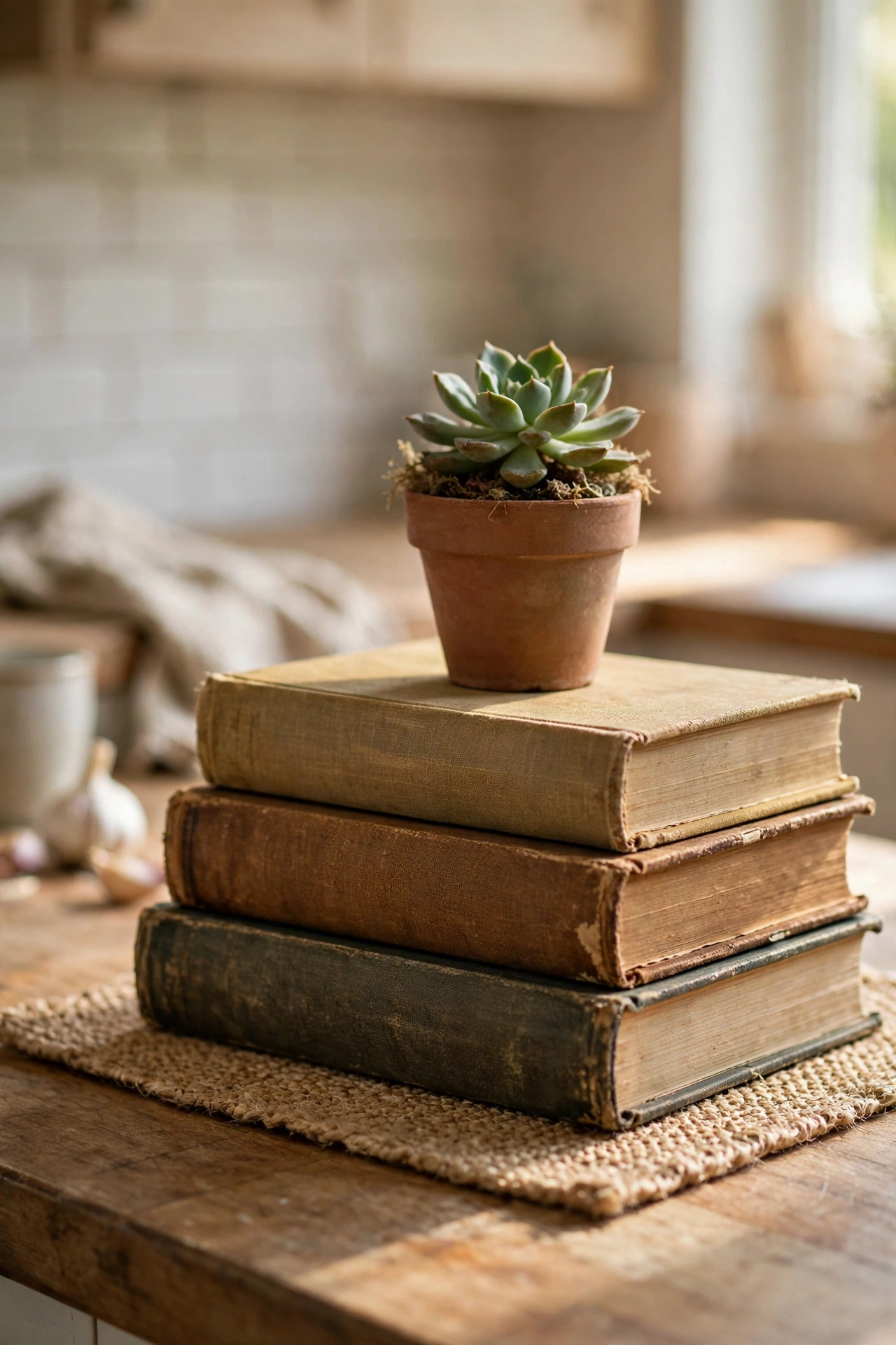 Stack of vintage cookbooks used as display riser